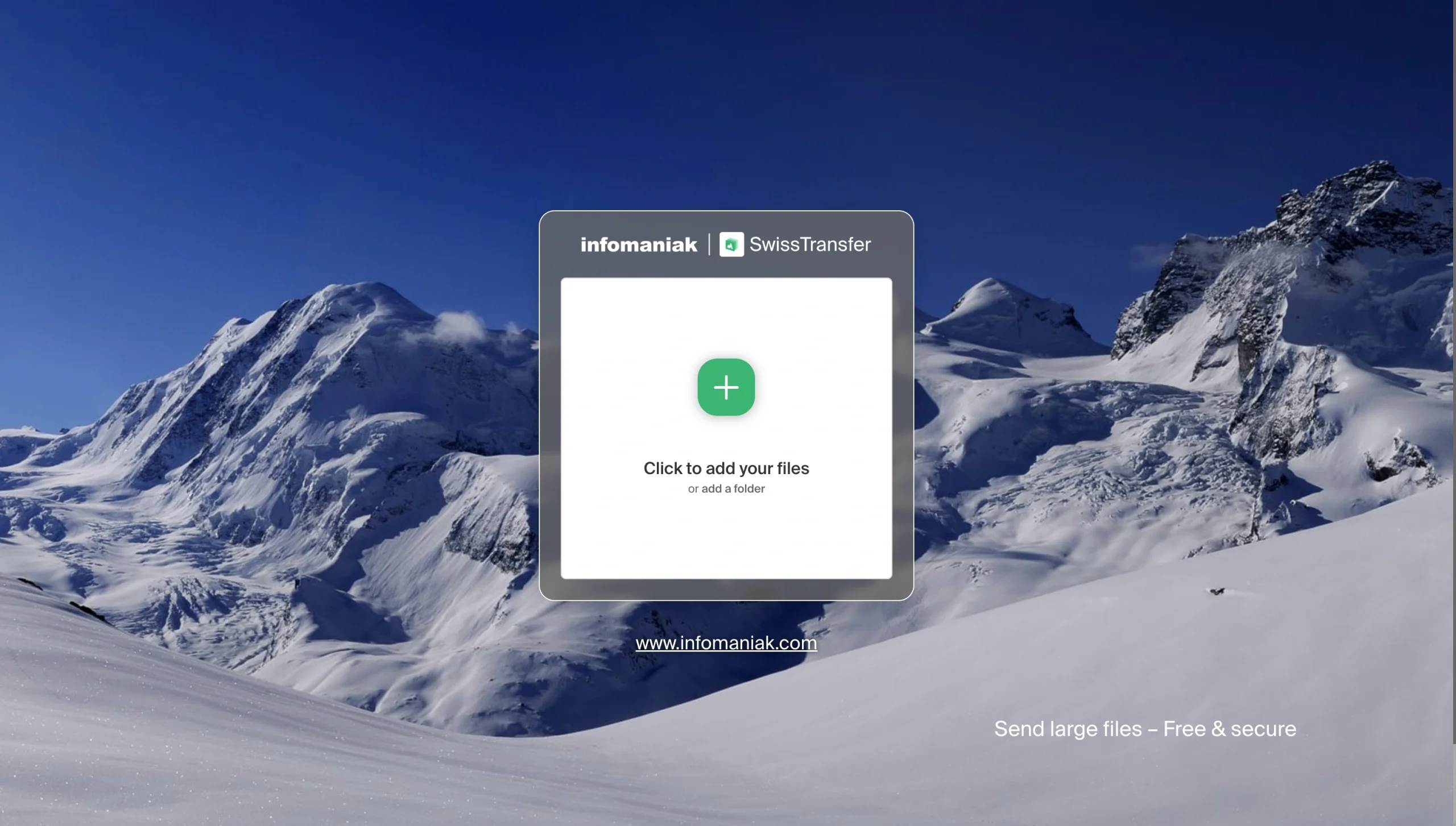 SwissTransfer upload page with mountain background and file add button