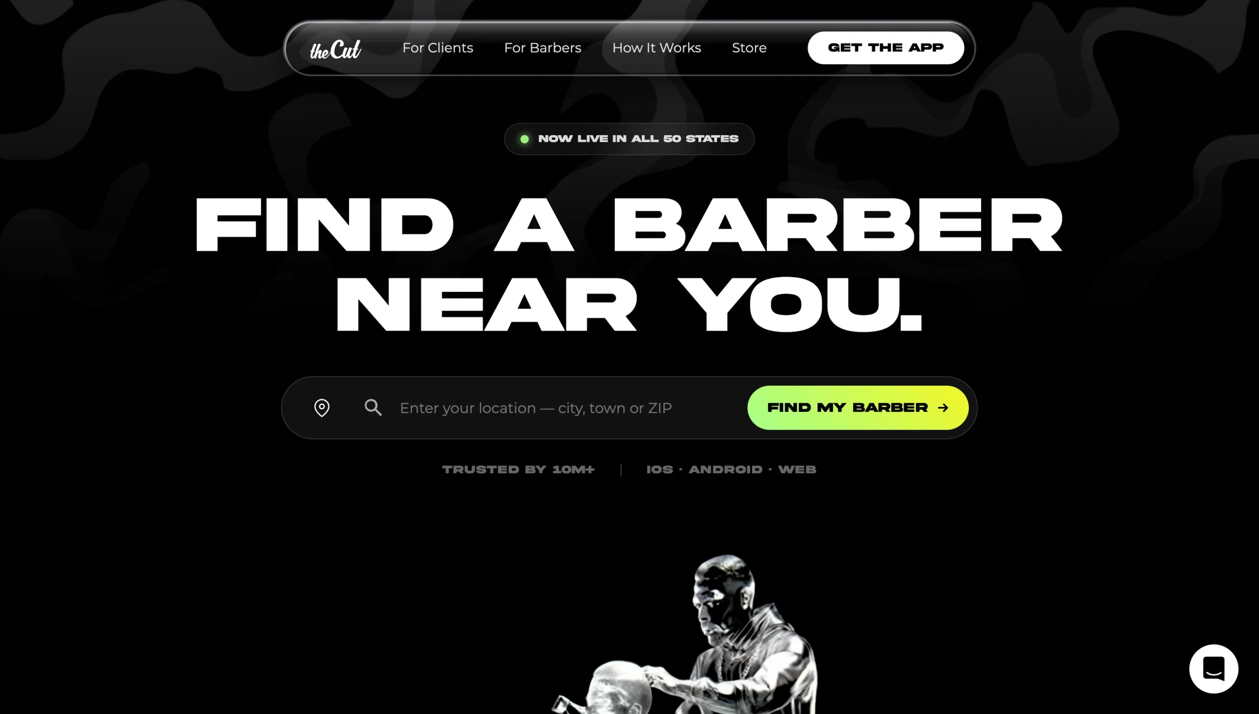 Screenshot of the theCut landing page, showing a headline "Find a barber near you