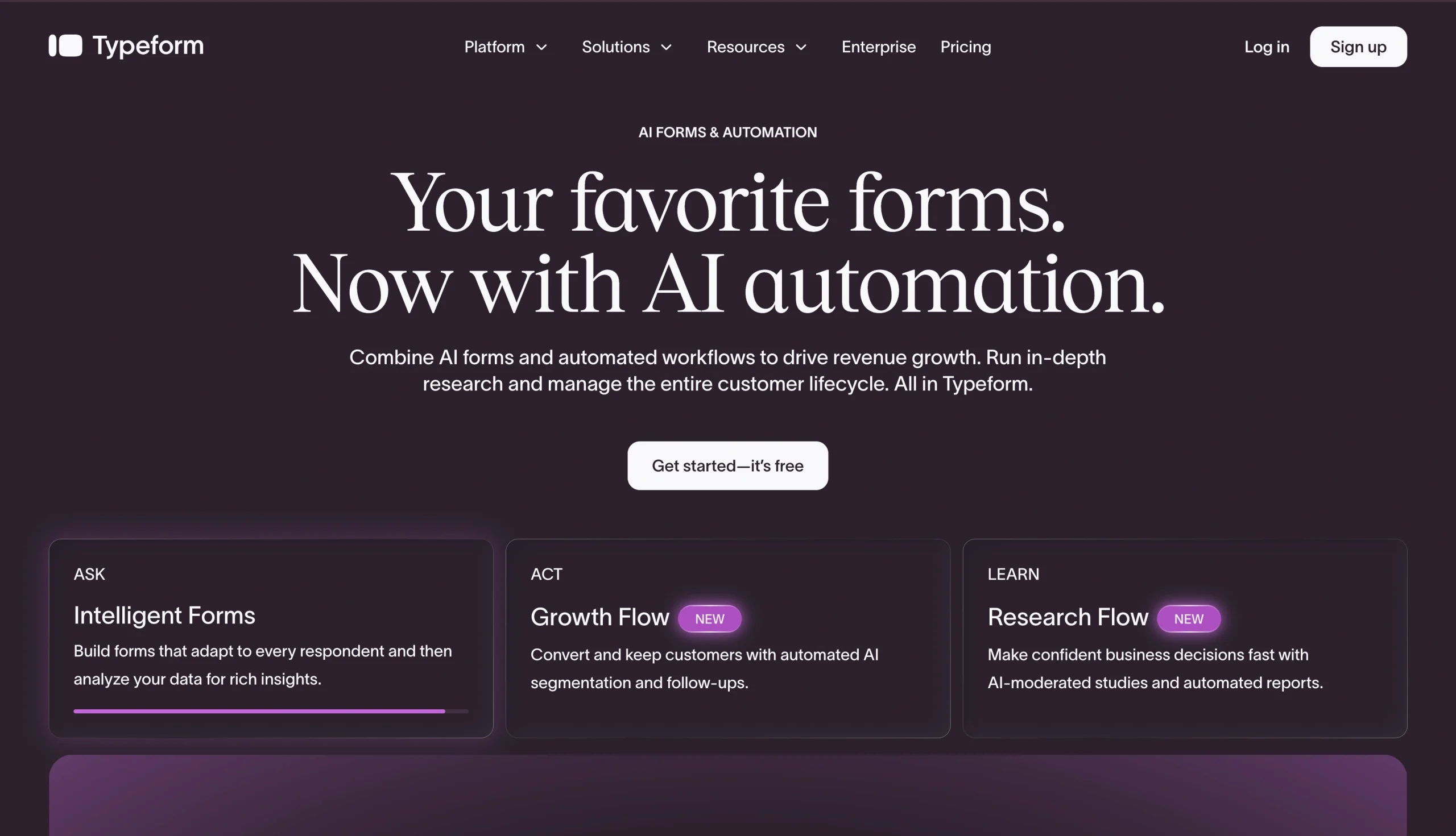 Screenshot of the Typeform landing page, showing a headline "Your favorite forms