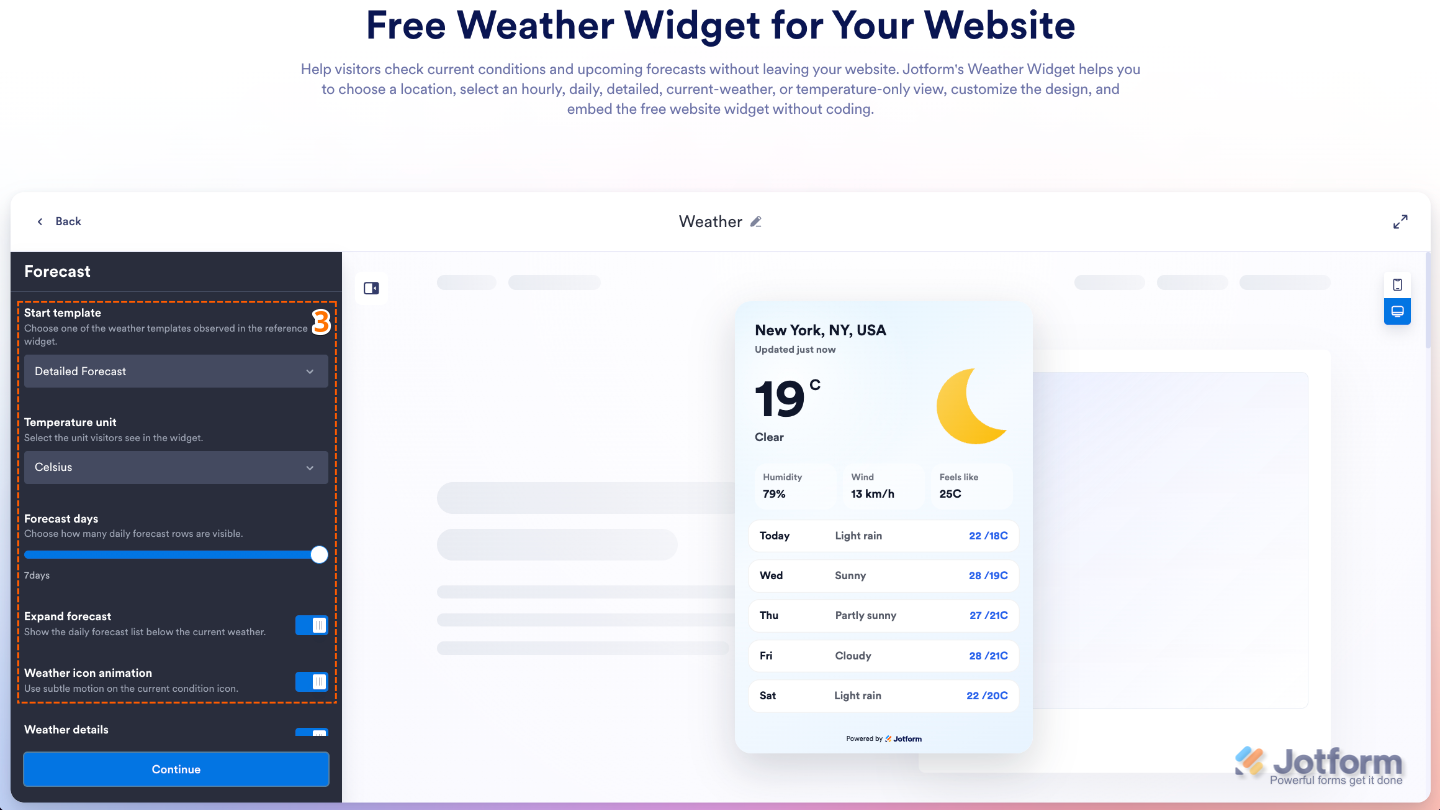 Customizing the Weather widget forecast by selecting a template, temperature unit, forecast length, expanded view, and animated weather icons