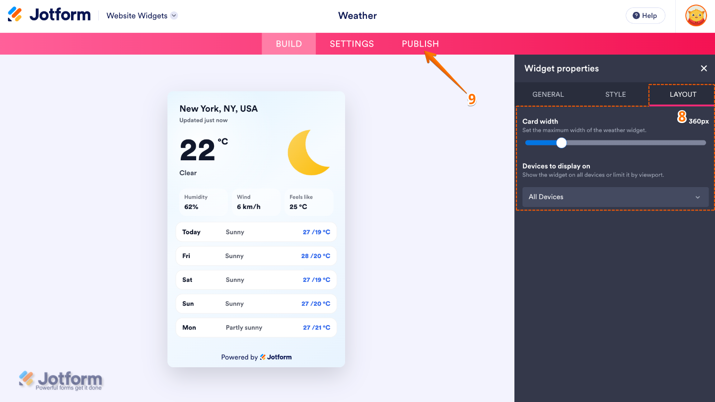 Configuring the Weather widget layout by adjusting the card width, choosing supported devices, and clicking Publish to save the changes