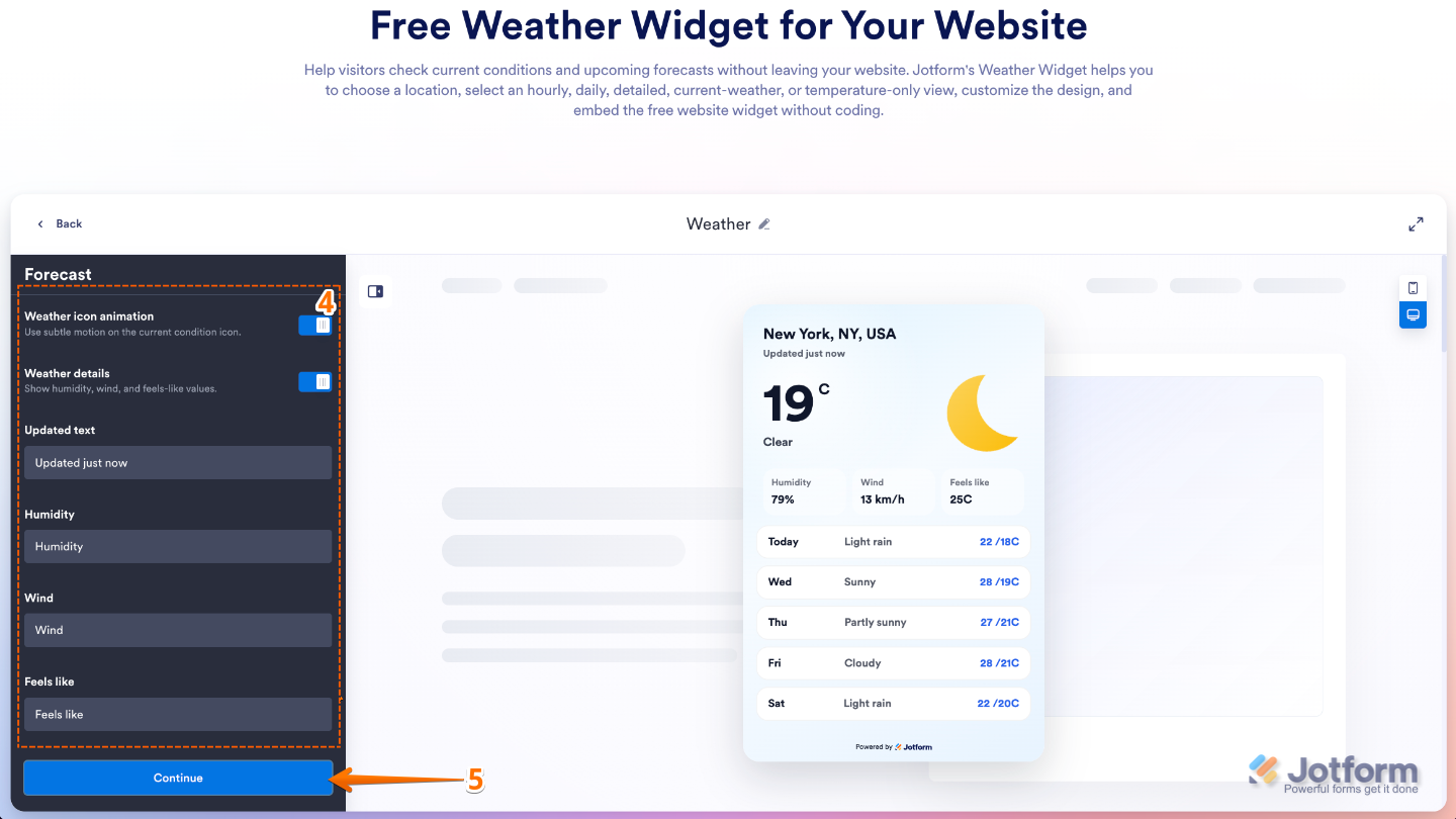 Configuring additional Weather widget forecast details, including humidity, wind, feels-like temperature, and last updated timestamp