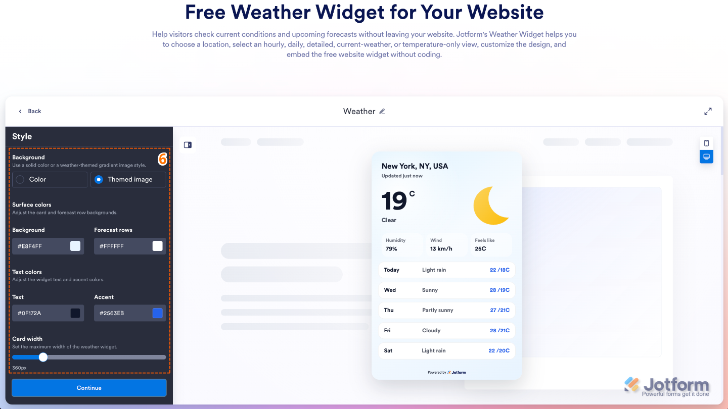 Customizing the Weather widget appearance by configuring background colors, forecast row colors, text colors, accent colors, and card width