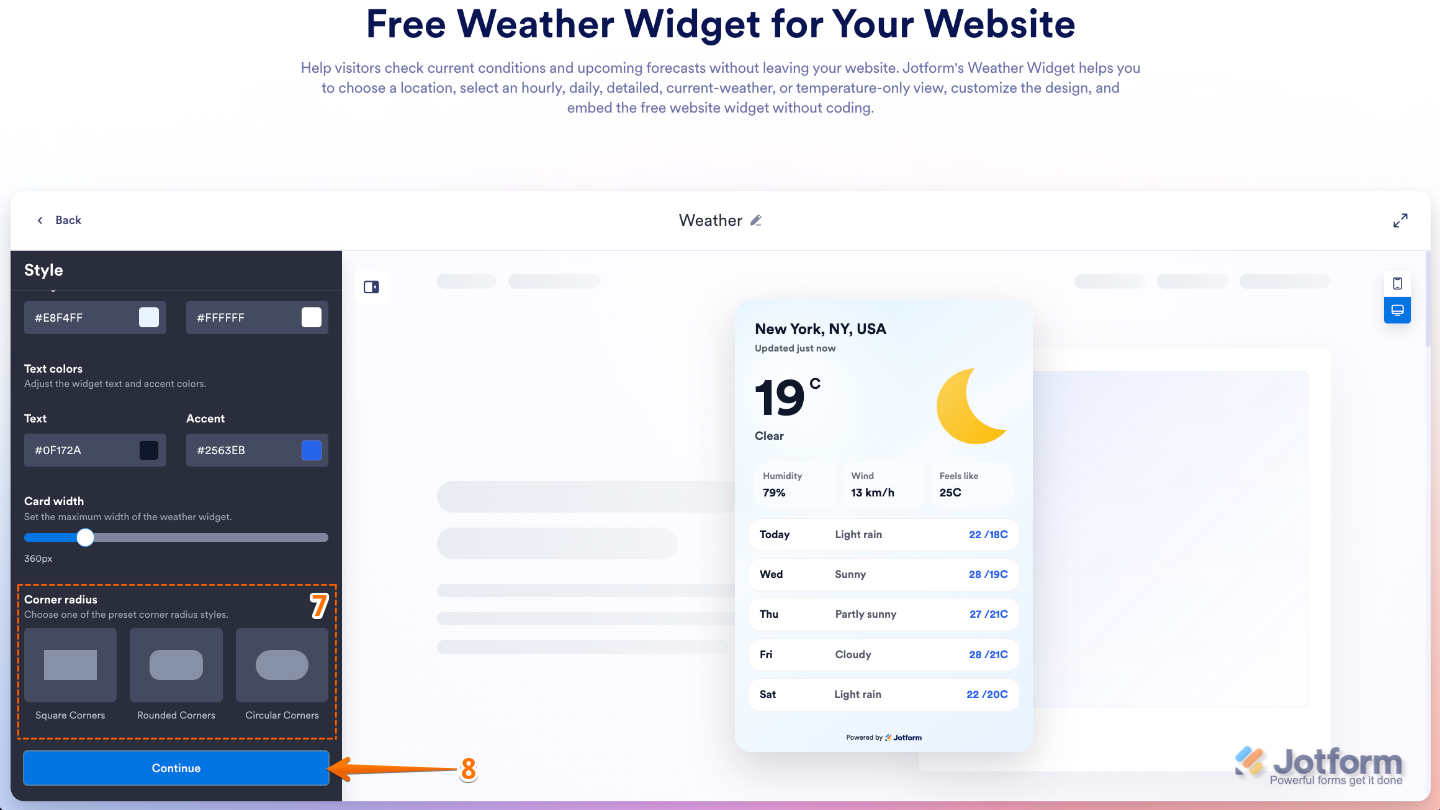 Customizing the Weather widget appearance by adjusting the Corner Radius setting before clicking Continue