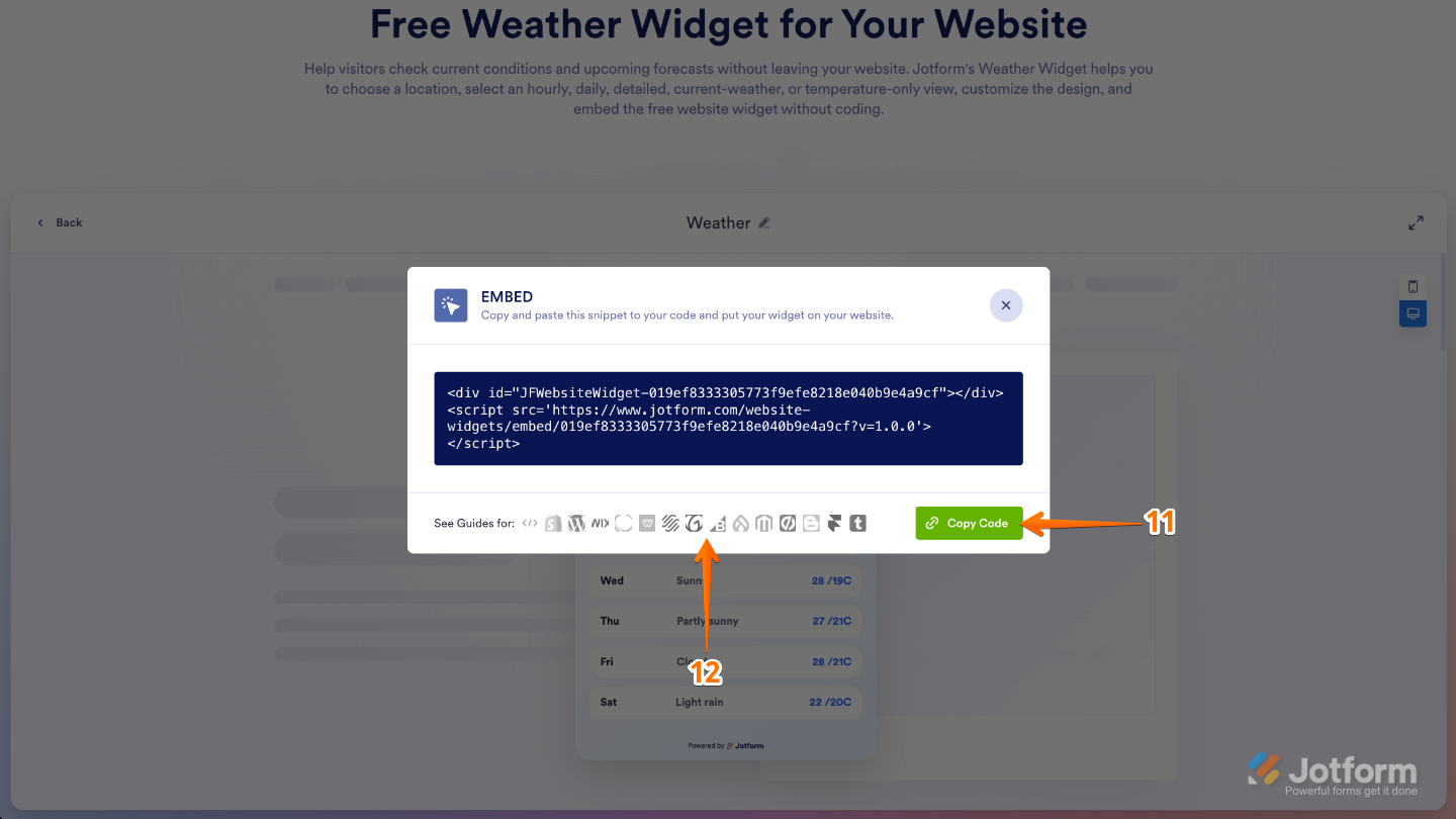 Embedding a Weather widget by copying the embed code or selecting a supported website platform for setup instructions