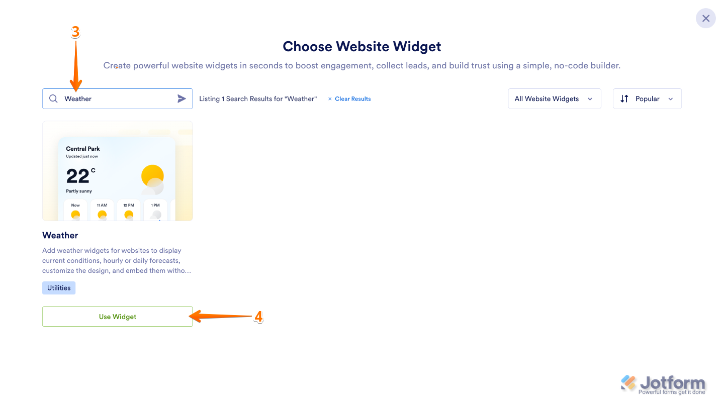 Choose Website Widget page showing Weather in the search bar and the Use Widget button in the search results