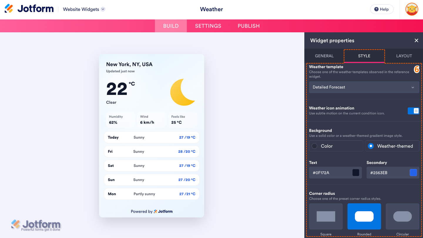 Customizing the Weather widget by selecting a weather template, enabling icon animations, adjusting colors, and setting the corner radius