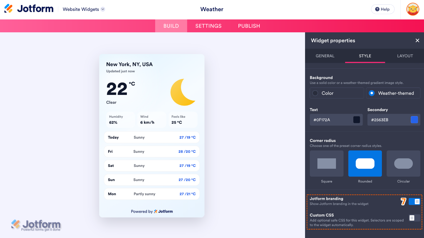 Configuring the Weather widget by showing or hiding Powered by Jotform and adding Custom CSS for advanced customization