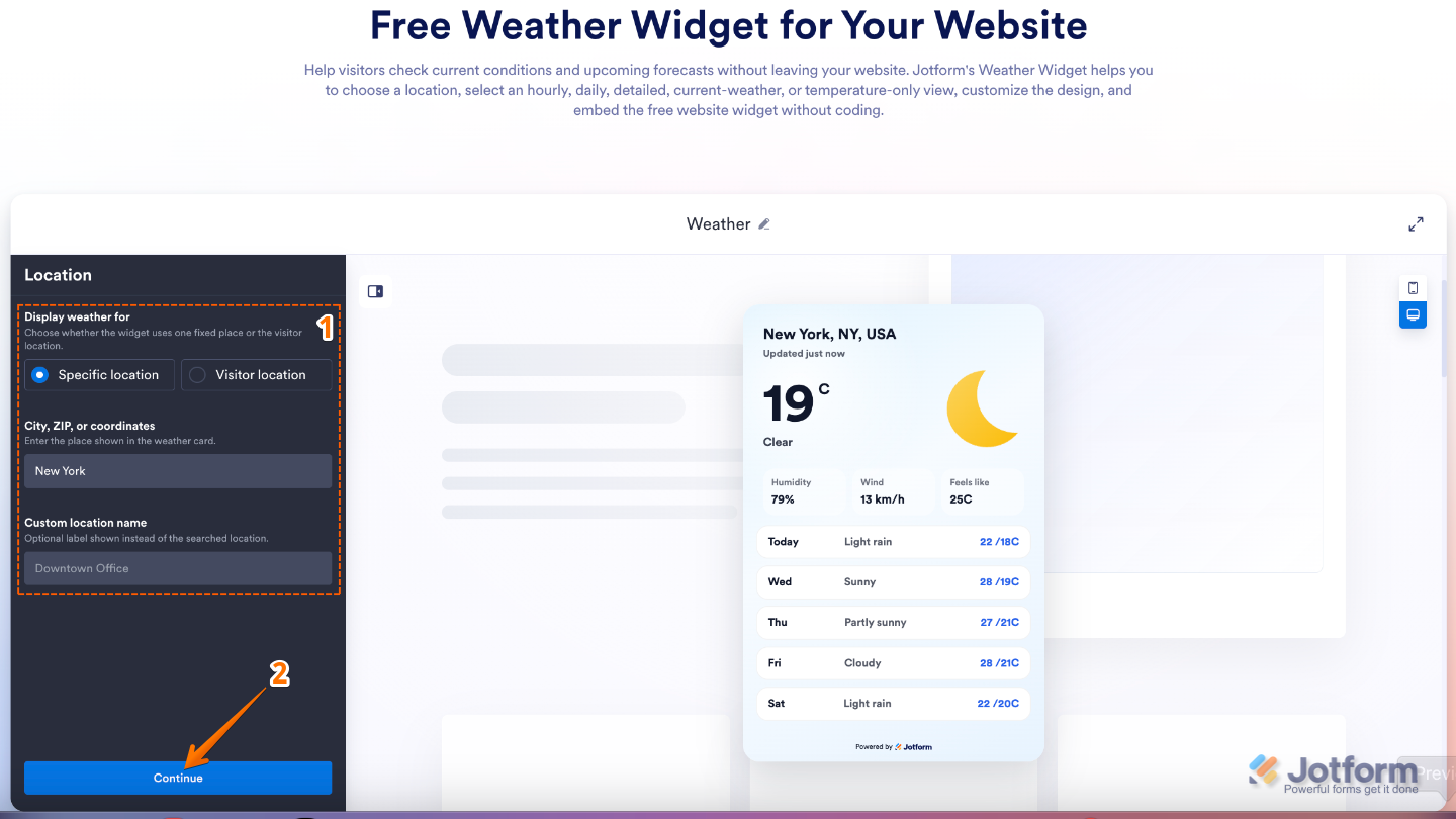 Configuring a Weather widget by selecting a location, entering a city or coordinates, and setting a custom location name