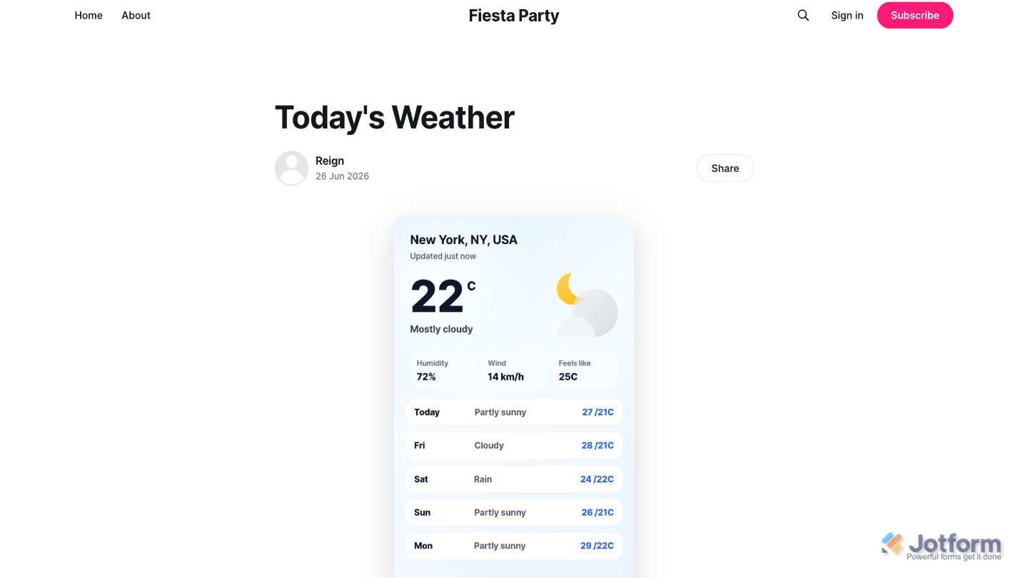 Sample website showing a fully embedded Weather widget with live weather information and forecast details