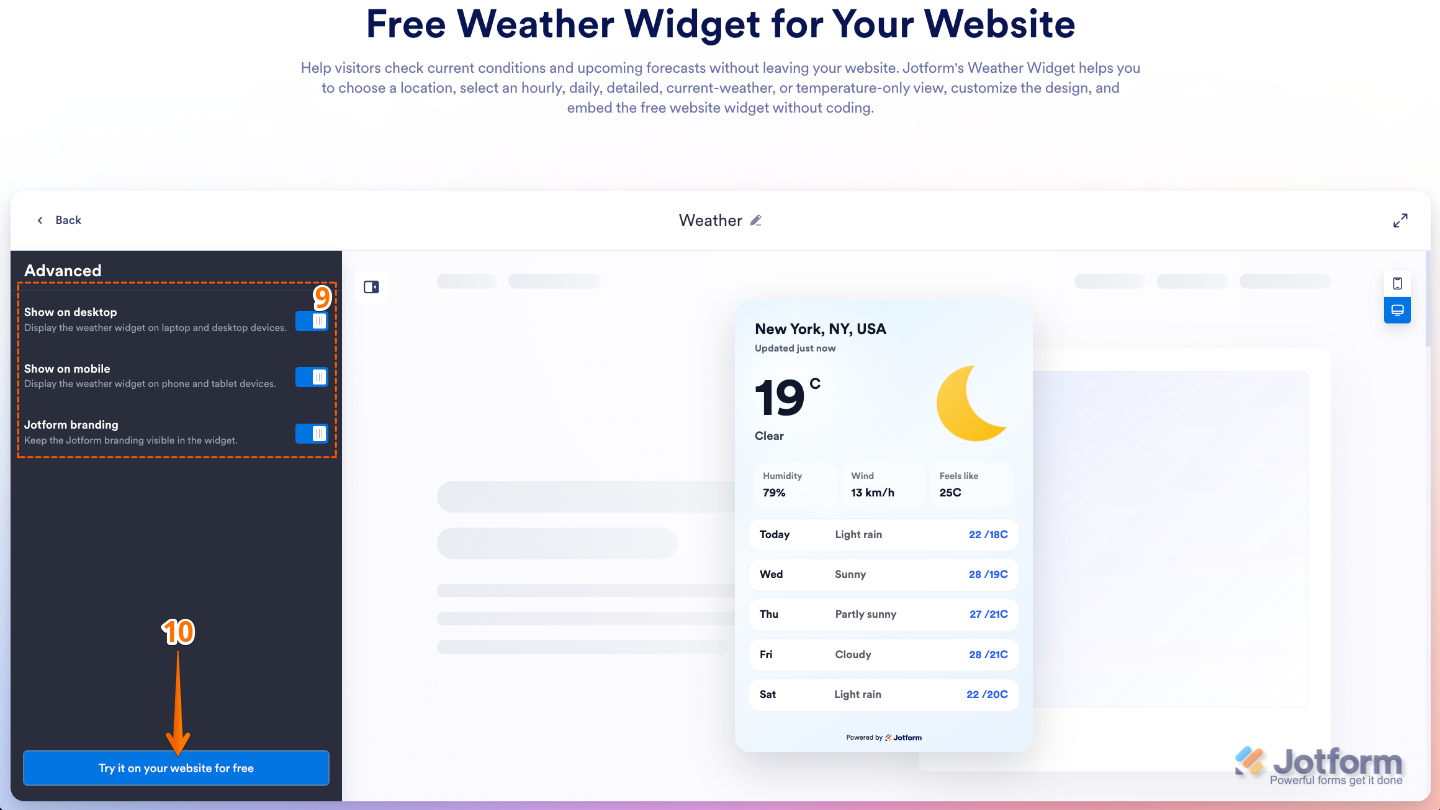 Configuring the Weather widget advanced display settings, including desktop visibility, mobile visibility, and Jotform branding