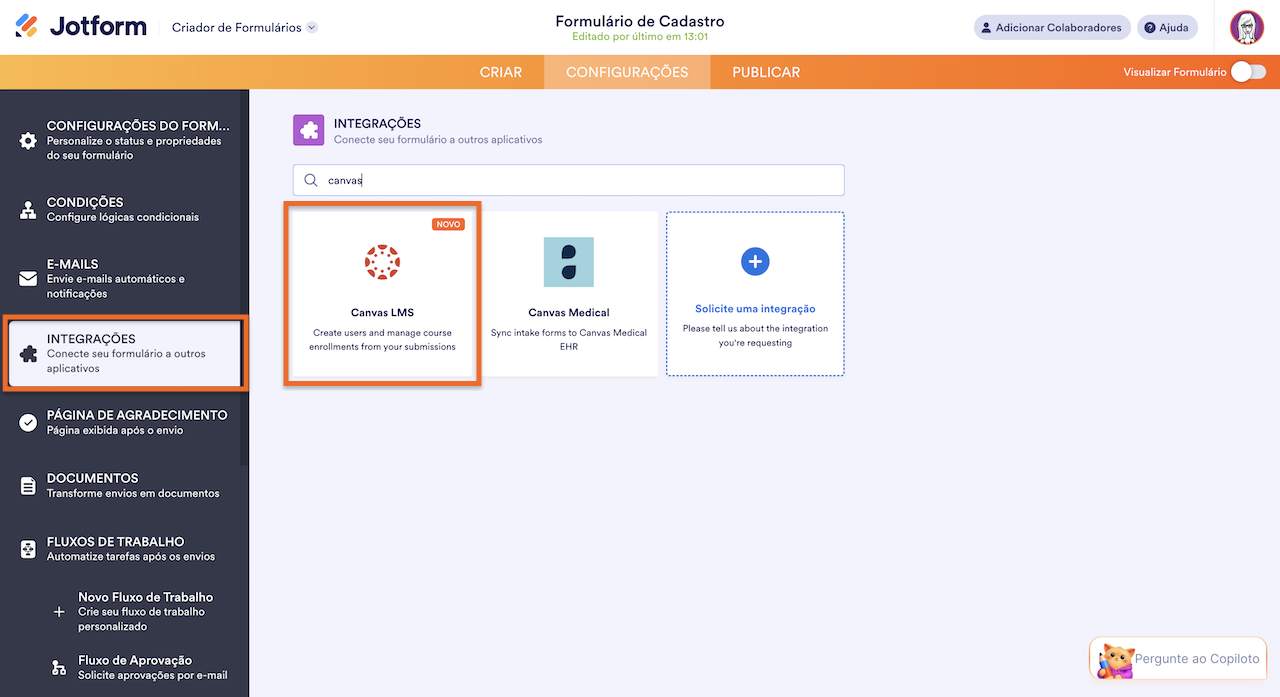 Clicando na opção Canvas LMS dentro da página de Integrações