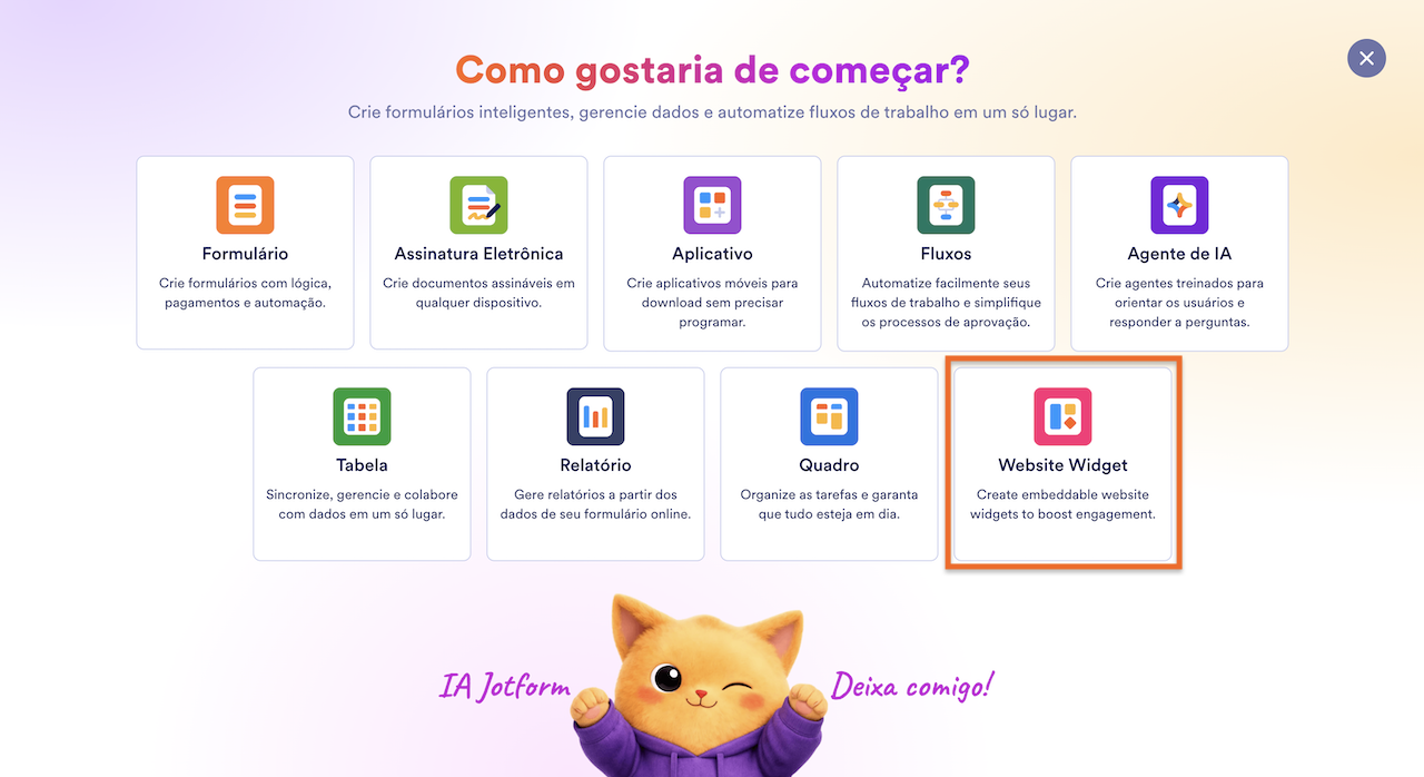 Selecionando a opção Widgets para Sites na página inicial do Espaço de Trabalho