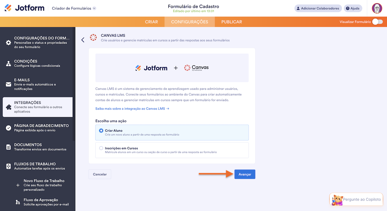 Escolhendo uma ação e clicando no botão Avançar