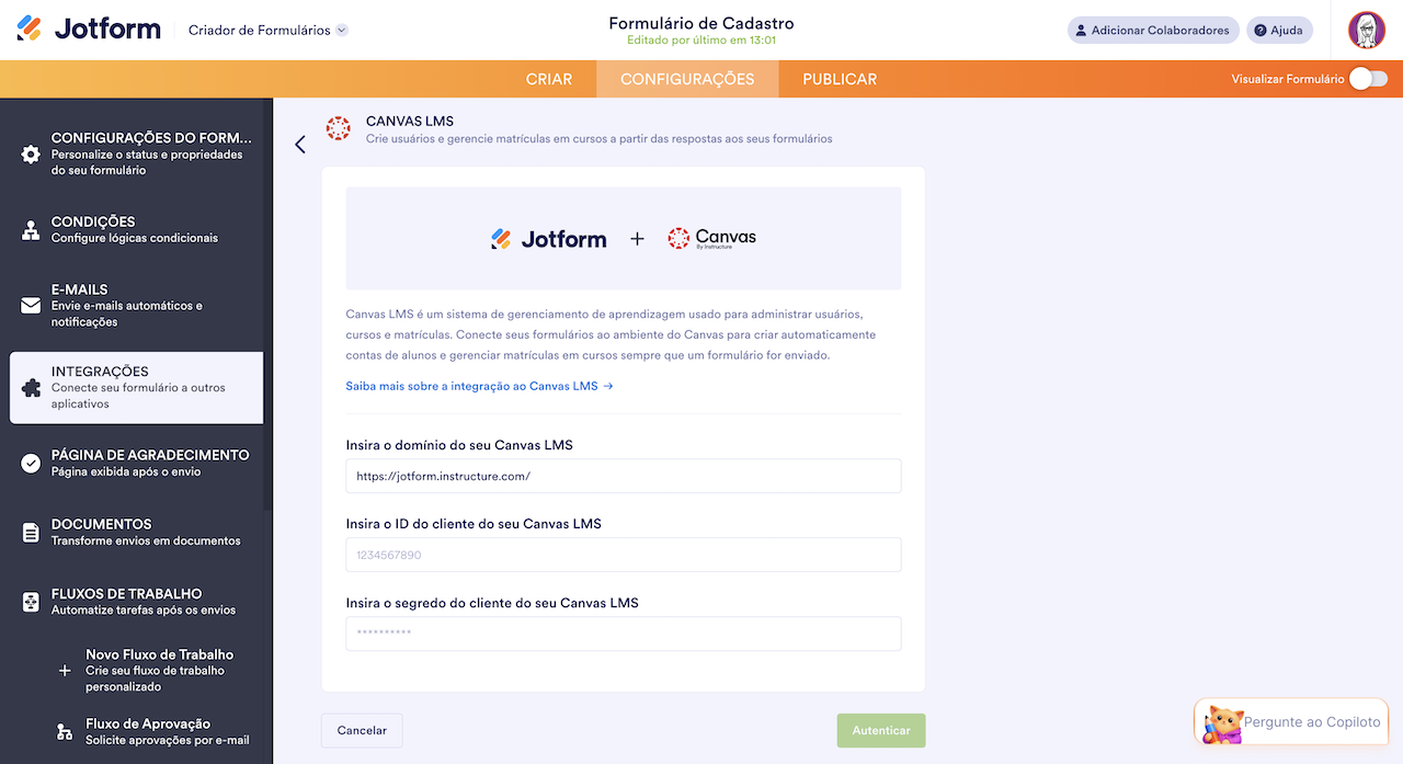 Inserindo as informações da conta do Canvas na página de integração