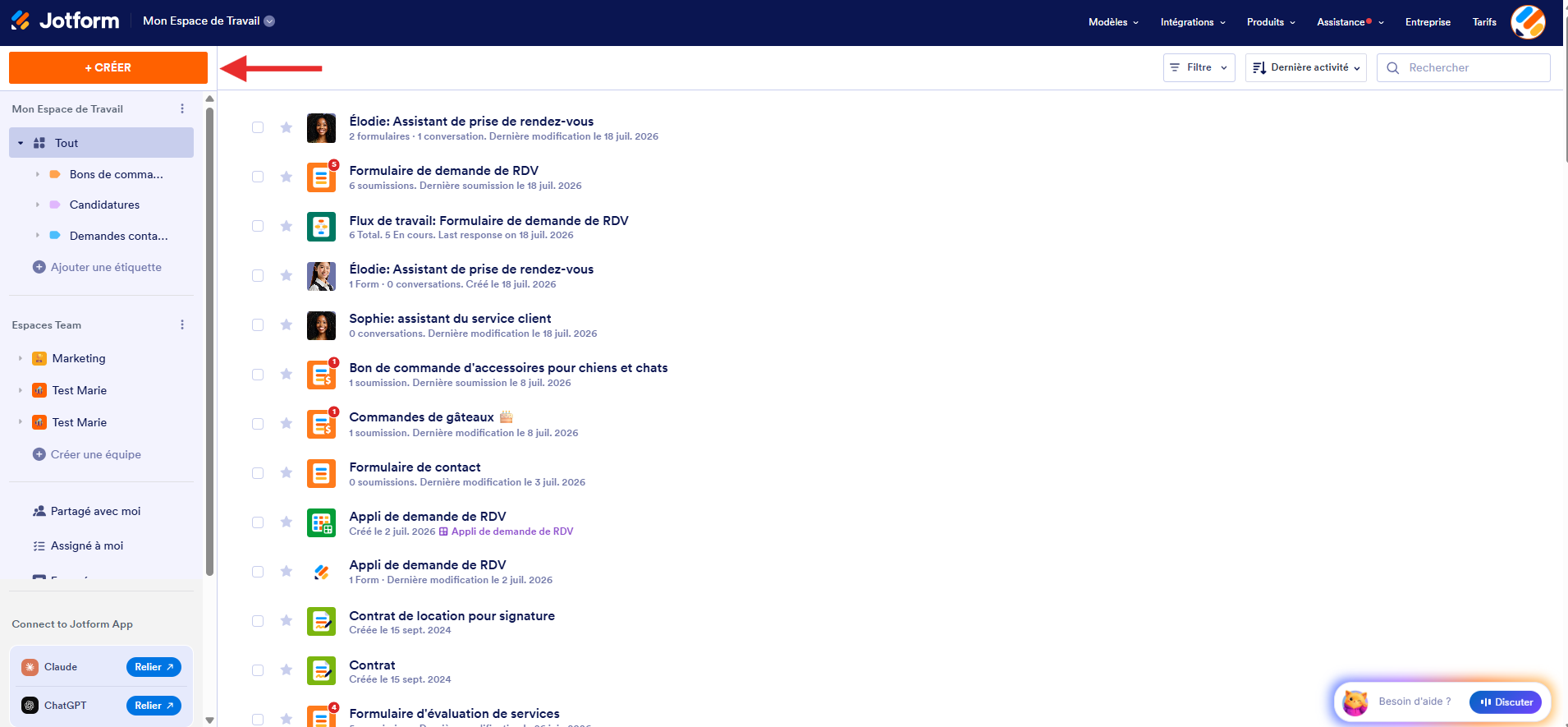 Capture d'écran de la page Mon Espace de Travail qui affiche tous les actifs du compte Jotform et avec une flèche vers le bouton Créer