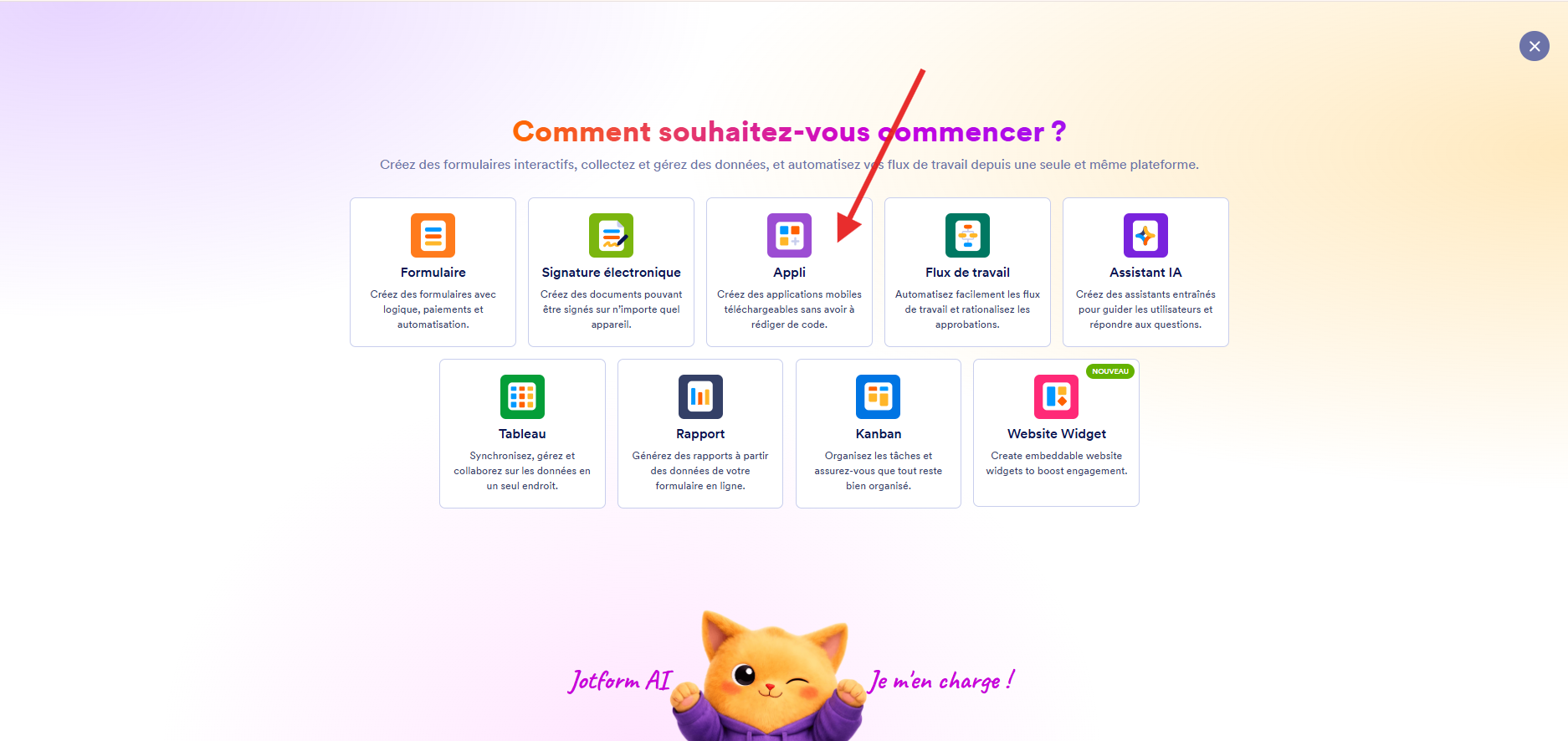 Capture d'écran de la page Comment souhaitez-vous commencer ? de Jotform avec une flèche pointant vers Appli