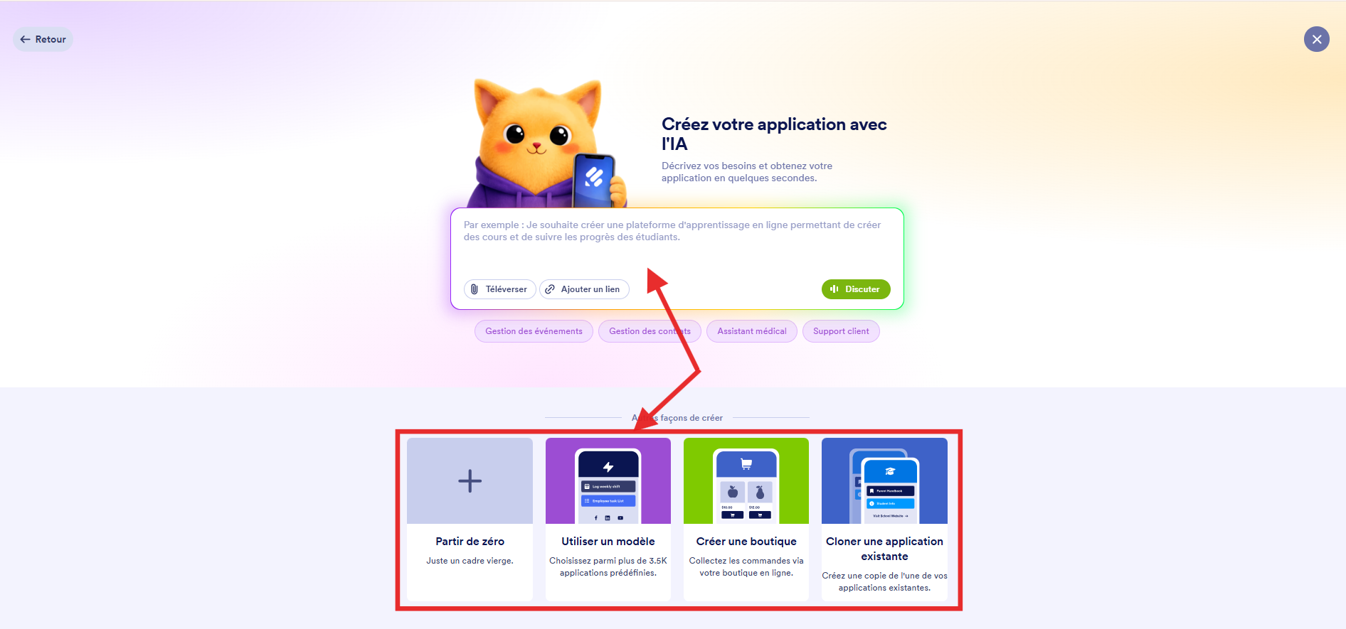 Capture d'écran de la page de démarrage de création d'une application Jotform avec un encadré autour des options, une flèche pointant vers Utiliser un modèle et une autre vers la zone de saisie d'un prompt