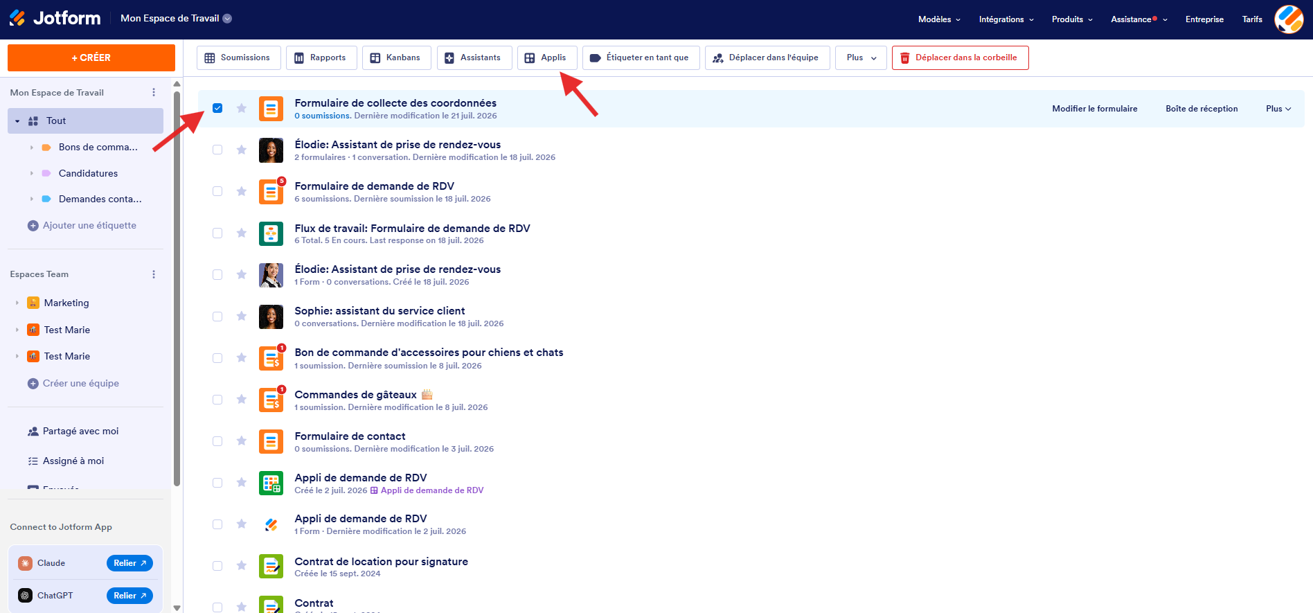 Capture d'écran de la page Mon Espace de Travail Jotform avec la liste des formulaires, une flèche pointant vers le formulaire sélectionné et une autre vers le bouton Applis