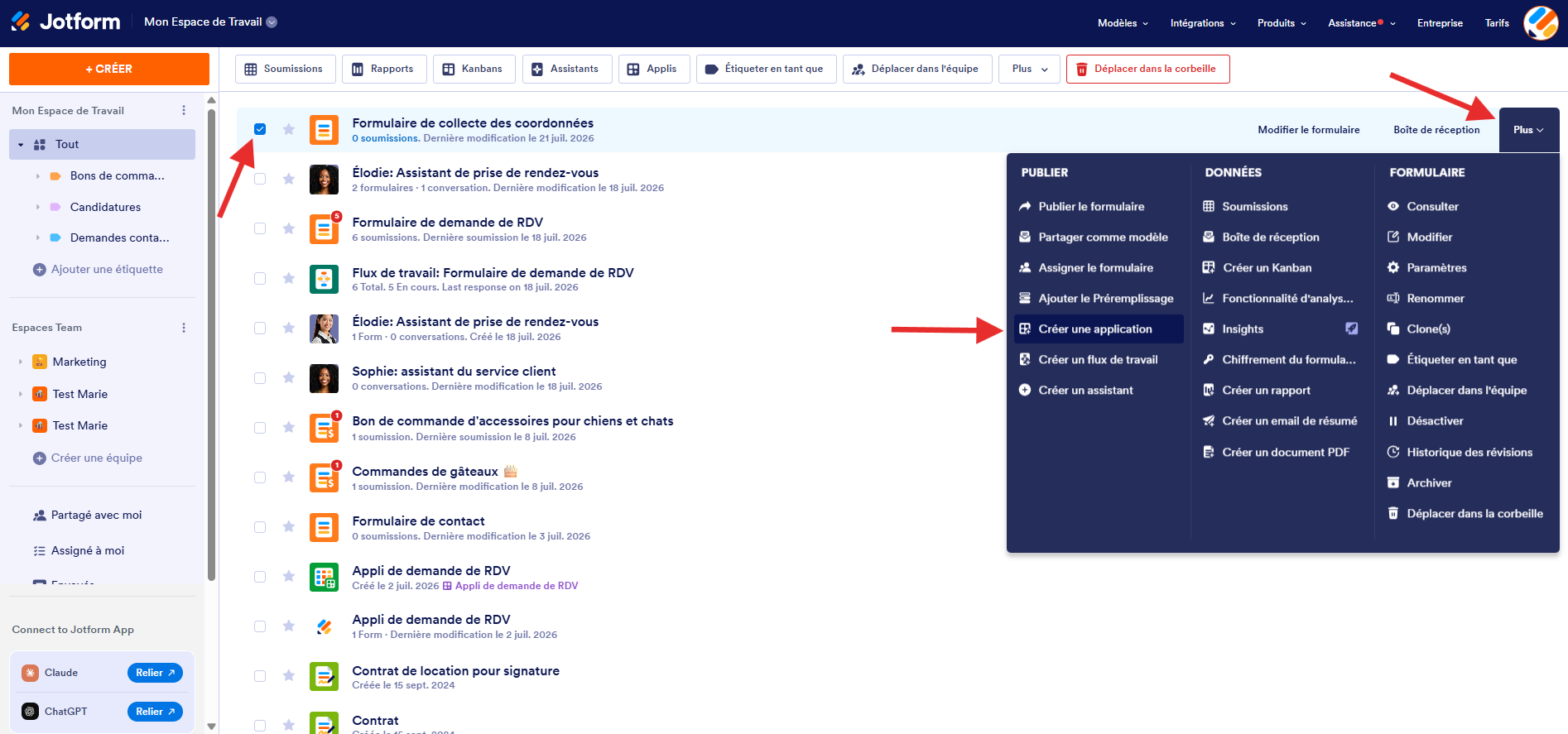 Capture d'écran de la page Mon Espace de Travail Jotform avec la liste des formulaires, une flèche pointant vers le formulaire sélectionné, une autre vers Plus et une troisième vers Créer une application dans la colonne Publier du menu Plus