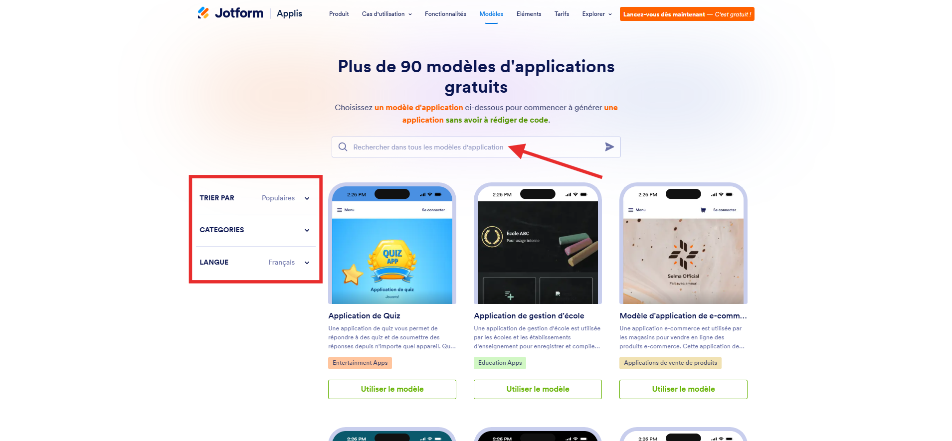 Capture d'écran de la page des modèles d'applications des Applis Jotform avec une flèche pointant vers le champ de saisie de la recherche et un encadré autour des filtres Trier par, Catégories et Langue