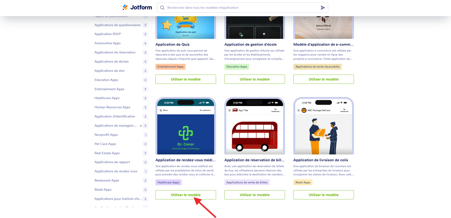 Capture d'écran de la page des modèles d'applications des Applis Jotform avec une flèche pointant vers le bouton Utiliser le modèle d'une application de rendez-vous médical