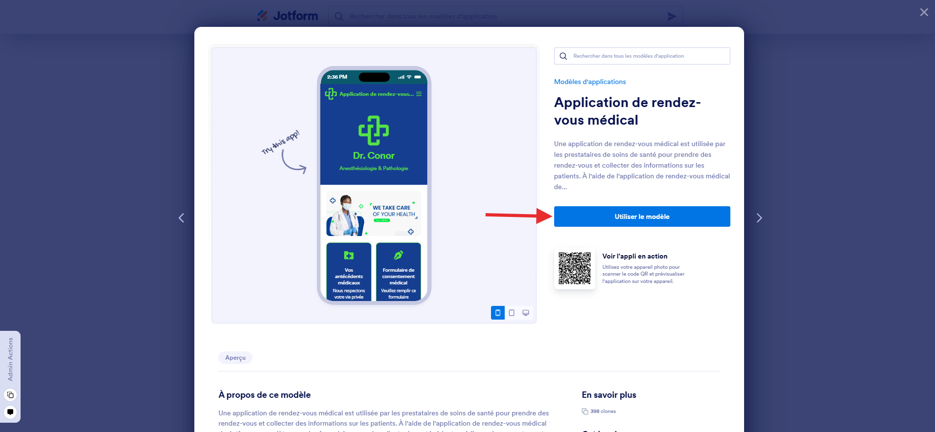 Capture d'écran de la page de prévisualisation du modèle de l'application de rendez-vous médical avec une flèche pointant vers le bouton Utiliser le modèle