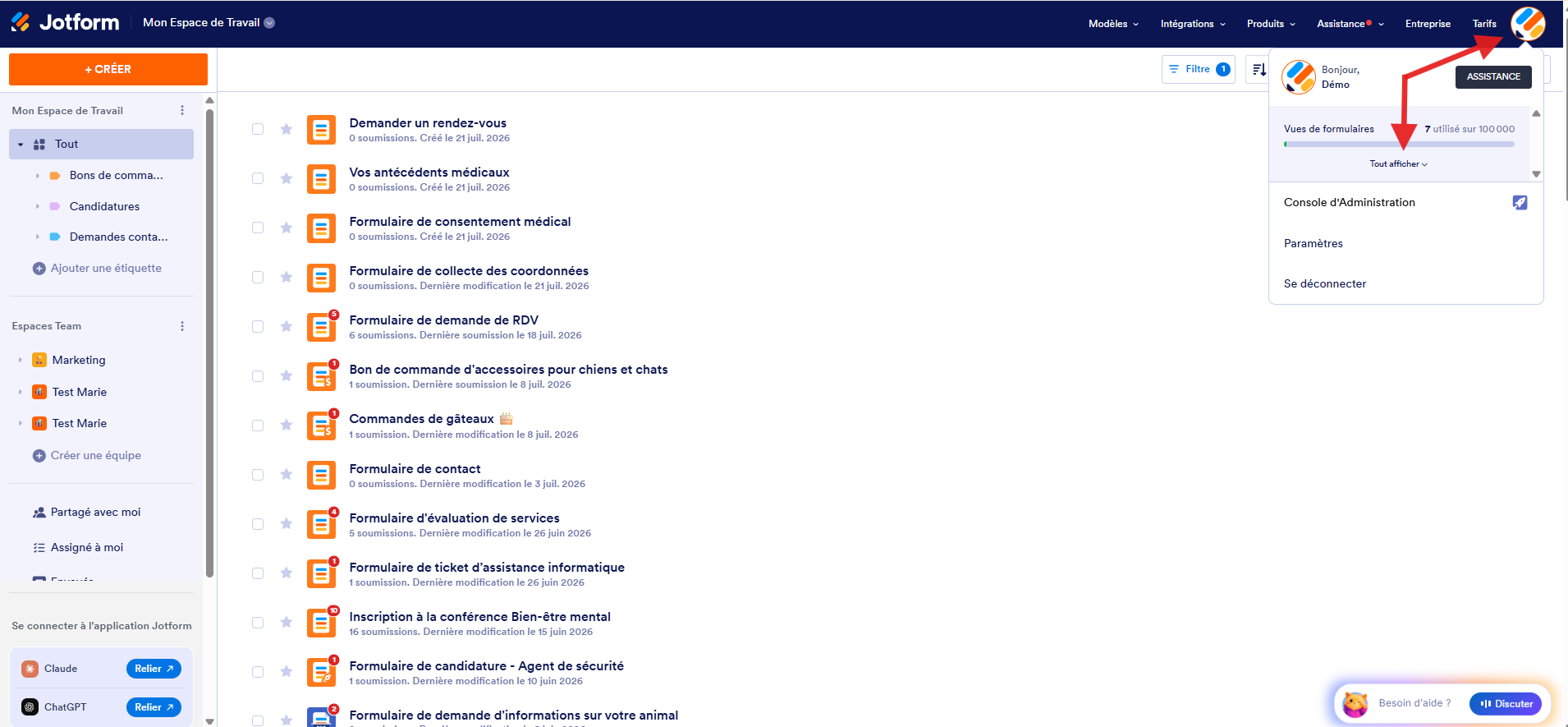 Capture d'écran de la page Mon Espace de Travail Jotform avec une flèche pointant vers l'avatar/l'image de profil de l'utilisateur dans le coin supérieur droit et une autre vers Tout afficher dans le menu qui s'ouvre