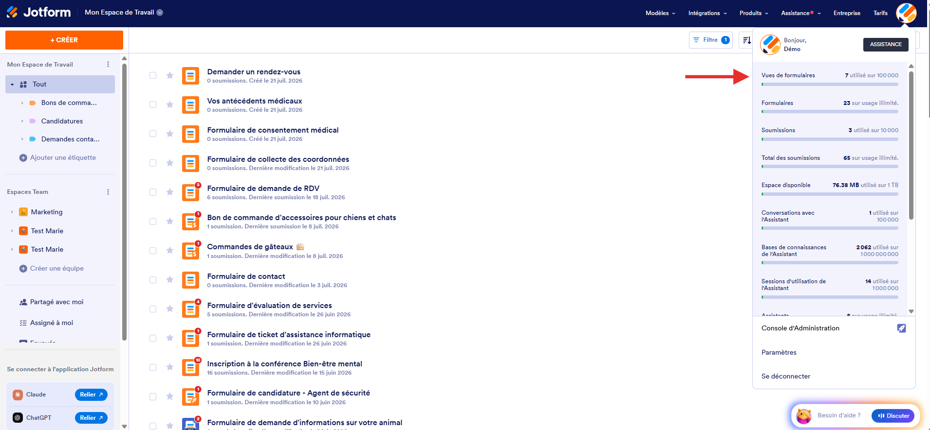 Capture d'écran de la page Mon Espace de Travail Jotform avec une flèche pointant vers Vues de formulaires dans le menu déroulant