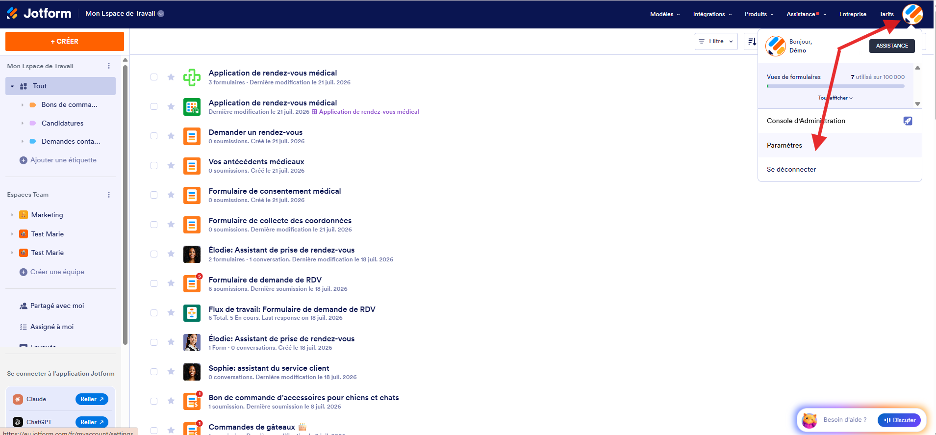 Capture d'écran de l'interface Mon Espace de Travail Jotform avec une flèche pointant vers l'avatar/la photo de profil et une autre vers Paramètres dans le menu déroulant du profil