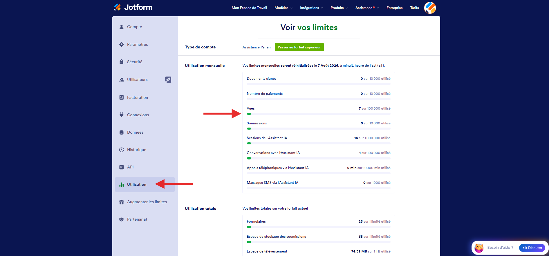 Capture d'écran de la page Mise à jour des paramètres du compte avec une flèche pointant vers Utilisation dans le volet à gauche et une autre vers Vues de la section Utilisation mensuelle