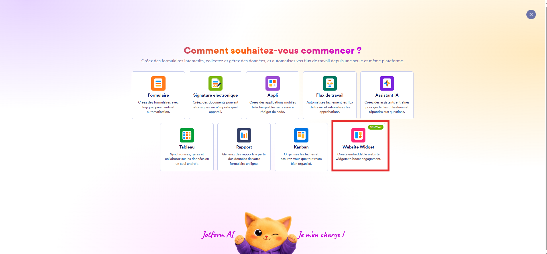 Capture d'écran des options de création avec un encadré autour de Widgets de site web de la page Comment souhaitez-vous commencer ? dans l'interface Mon Espace de Travail