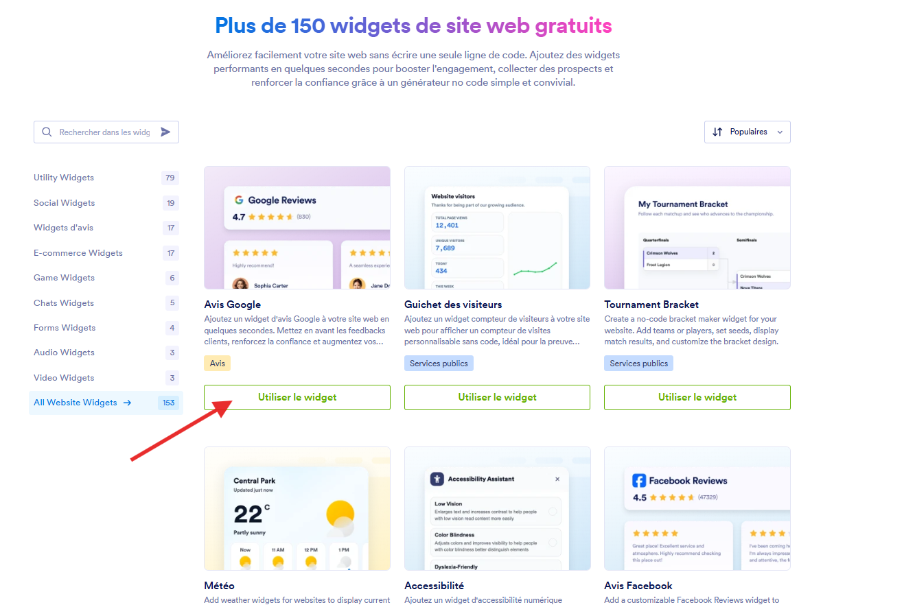 Capture d'écran de la page de destination de la bibliothèque de widgets Jotform avec une flèche pointant vers le bouton Utiliser le widget du widget Avis Google