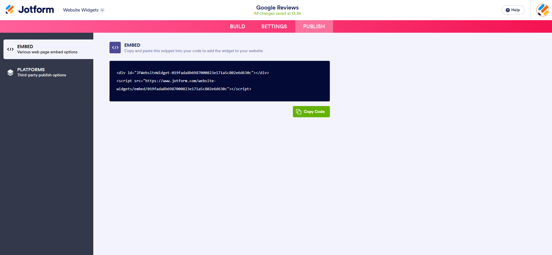 Capture d'écran de l'onglet Publier du Générateur de widget Jotform avec le bouton Copier le code
