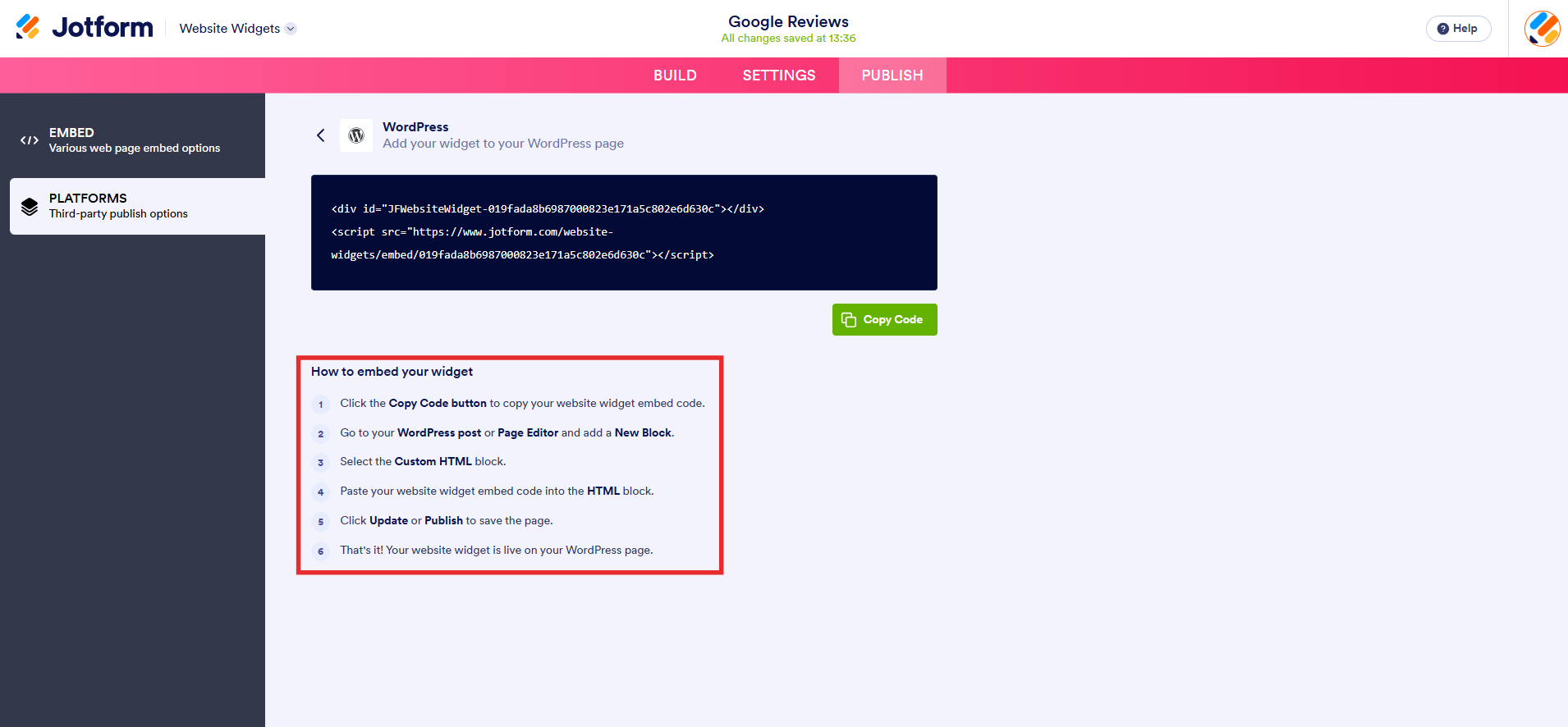 Capture d'écran de la page de la plateforme WordPress dans le Générateur de widget de site web Jotform avec un encadré autour des instructions