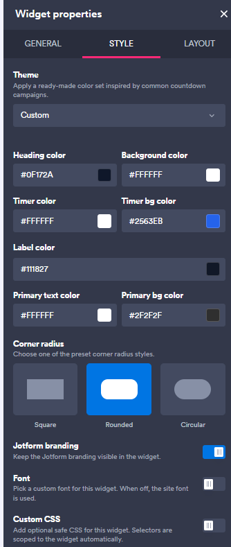 Capture d'écran de l'onglet Style du volet Propriétés du widget dans l'interface du générateur de widgets de site web Jotform