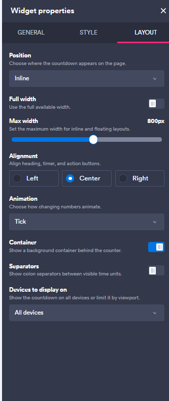 Capture d'écran de l'onglet Mise en page du volet Propriétés du widget dans l'interface du générateur de widgets de site web Jotform