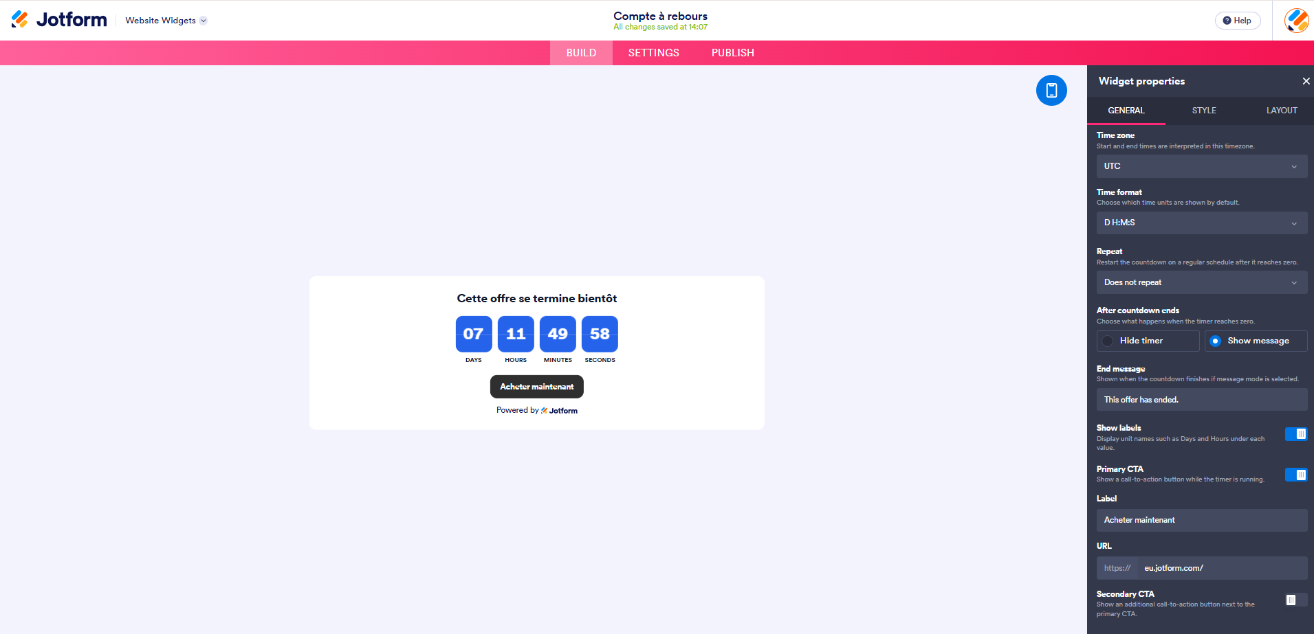 Capture d'écran de l'onglet Général du volet Propriétés du widget dans l'interface du générateur de widgets de site web Jotform