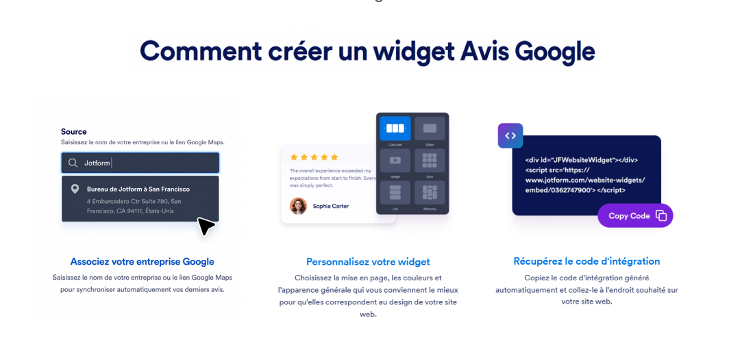 Capture d'écran des étapes pour créer un widget Avis Google dans le générateur de widgets de site web Jotform