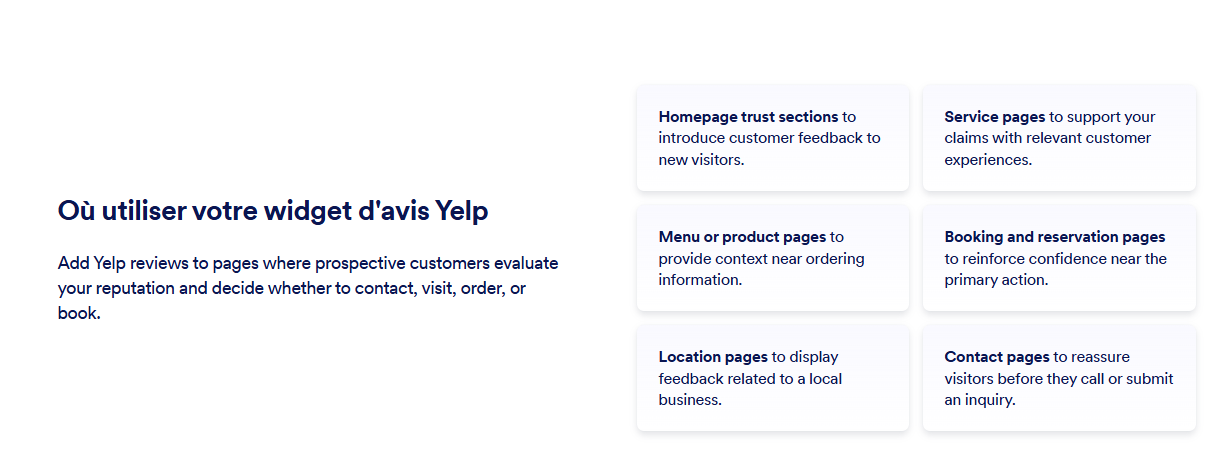 Capture d'écran des cas d'utilisation du widget Avis Yelp sur la page de destination de Jotform dédiée à ce widget
