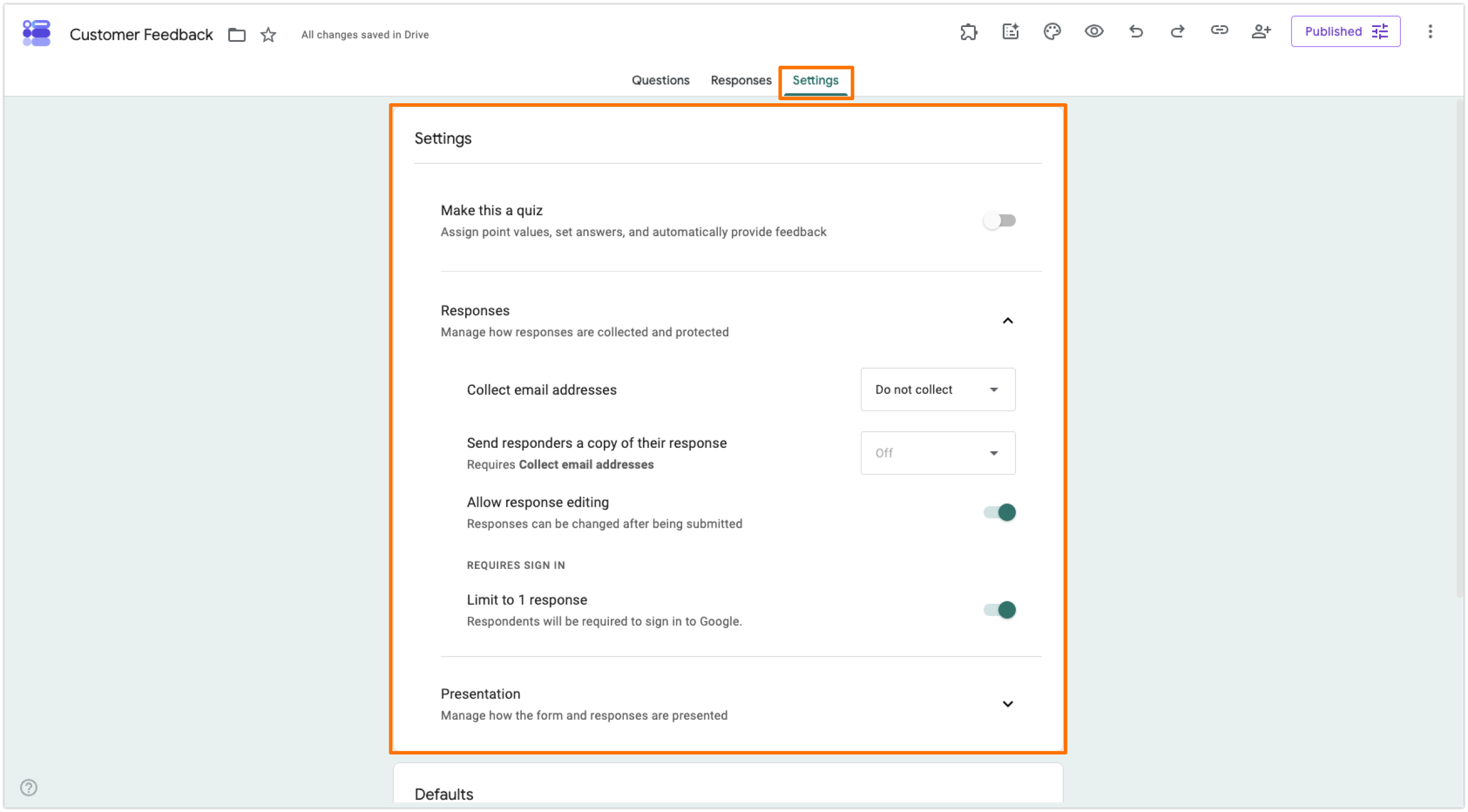 Google Forms Customer Feedback Form Settings Tab Responses Section