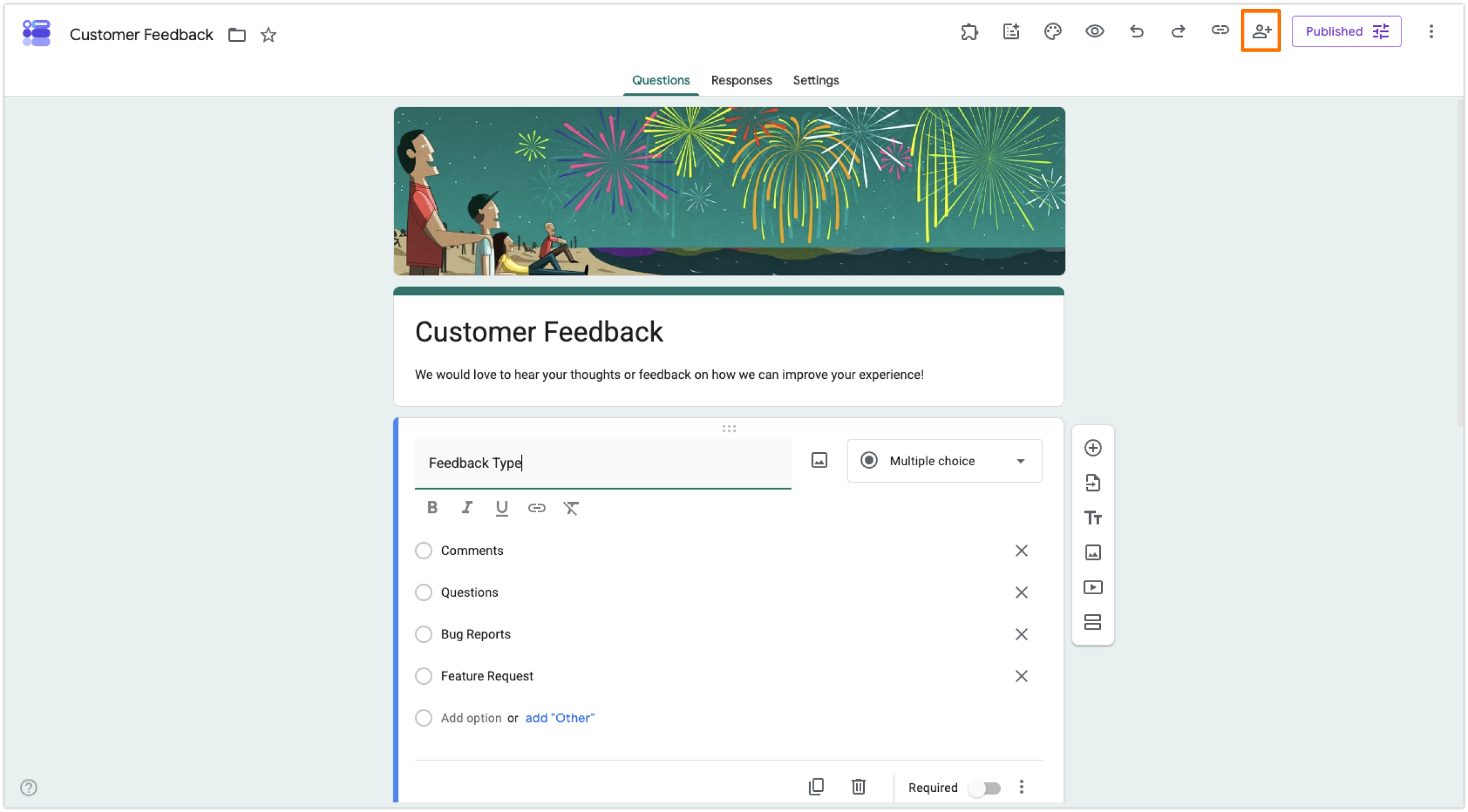 Google Forms Customer Feedback Form Share icon