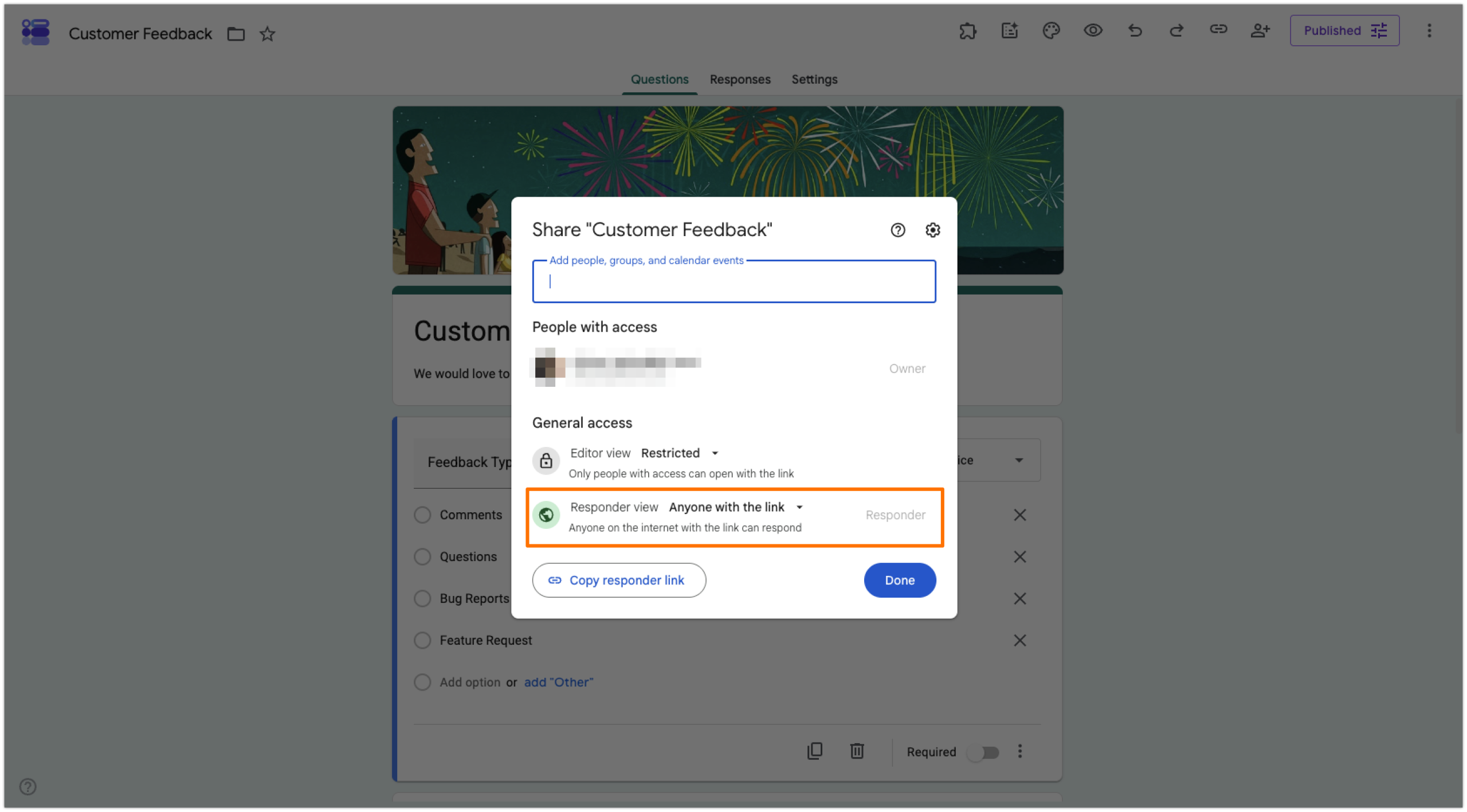 Google Forms Customer Feedback Form Share Pop-up Responder view Options