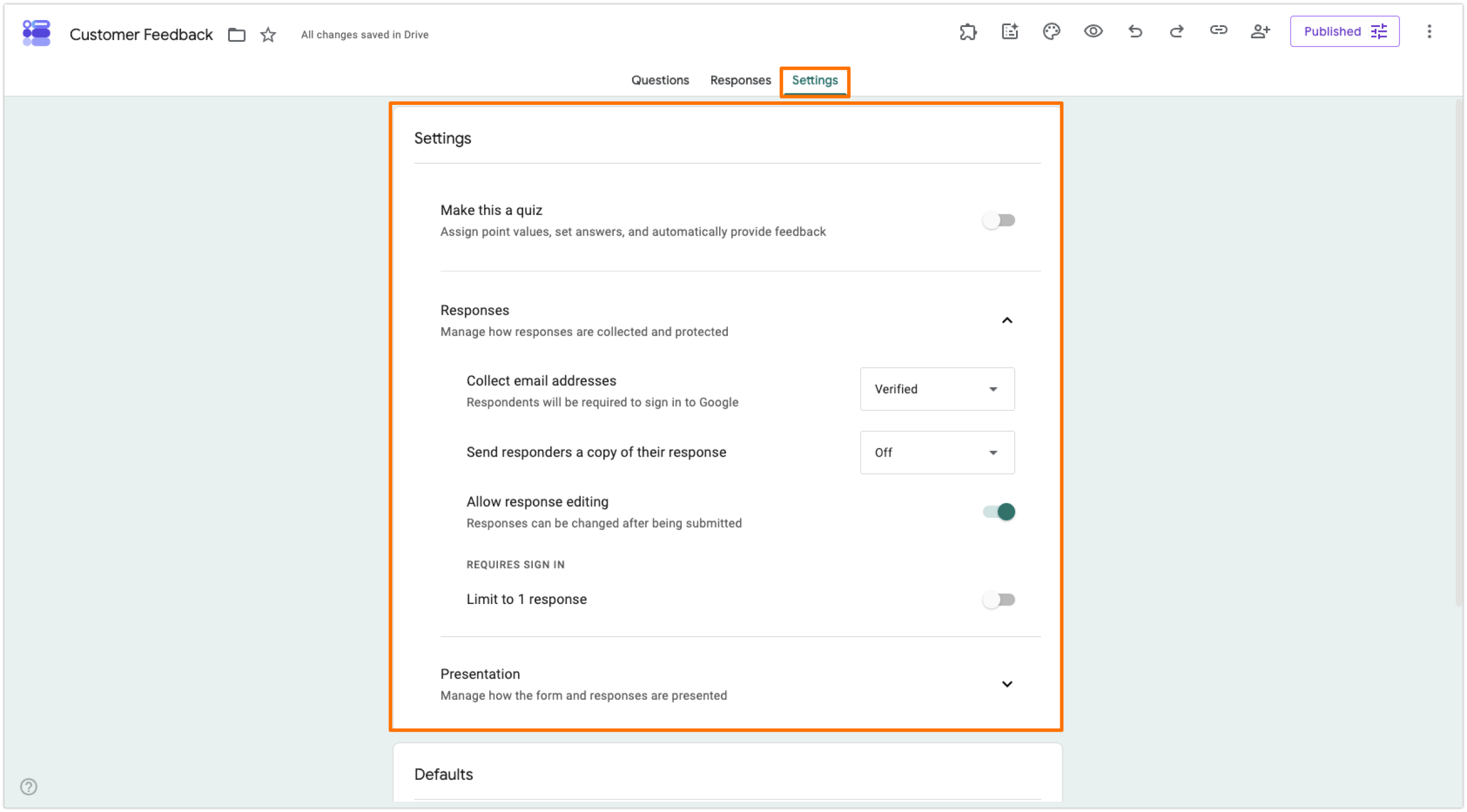 Google Forms Customer Feedback Form Settings Tab Responses Section
