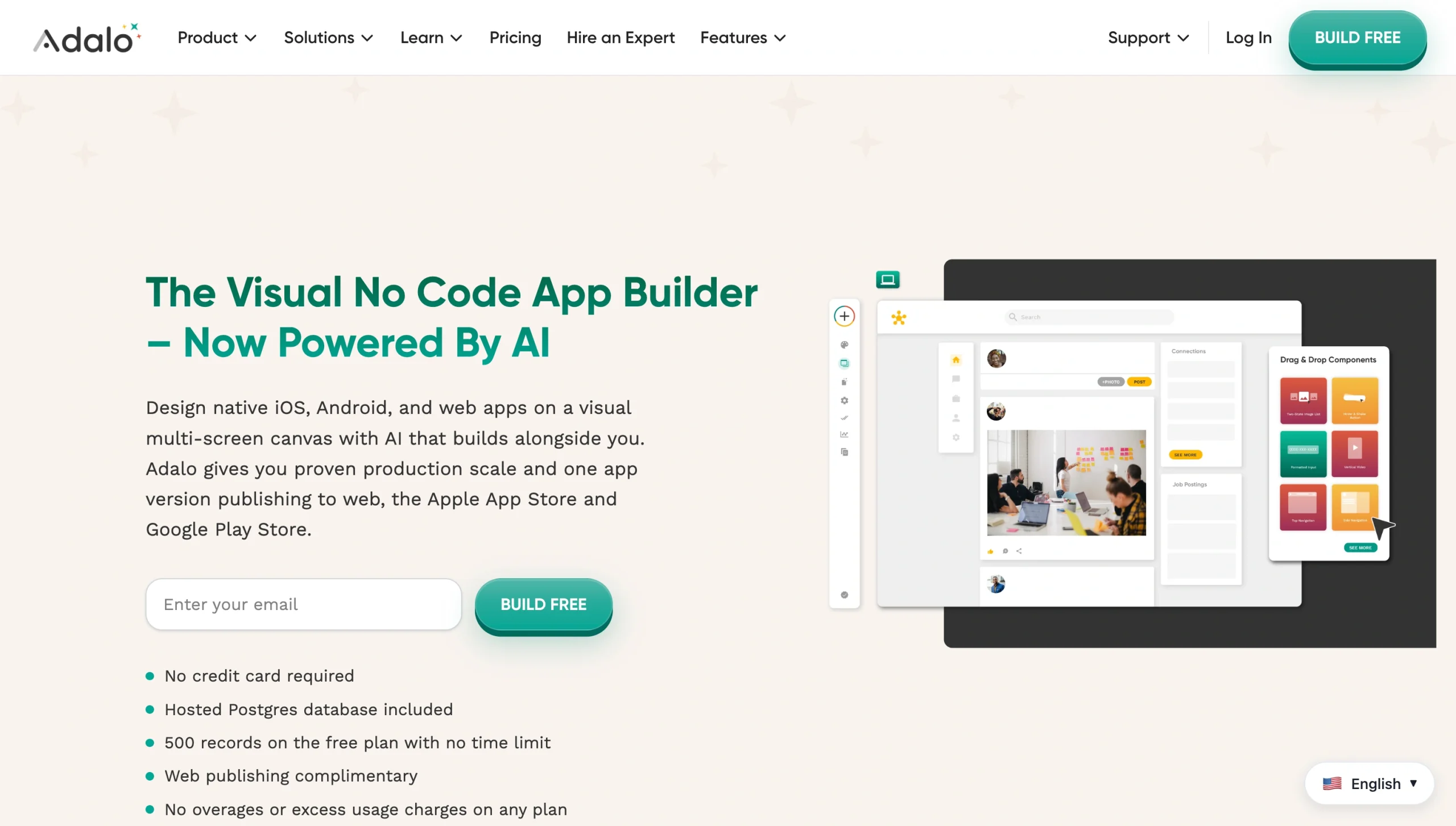 Screenshot of the Adalo landing page, showing a headline "The Visual No Code App Builder - Now Powered by AI"