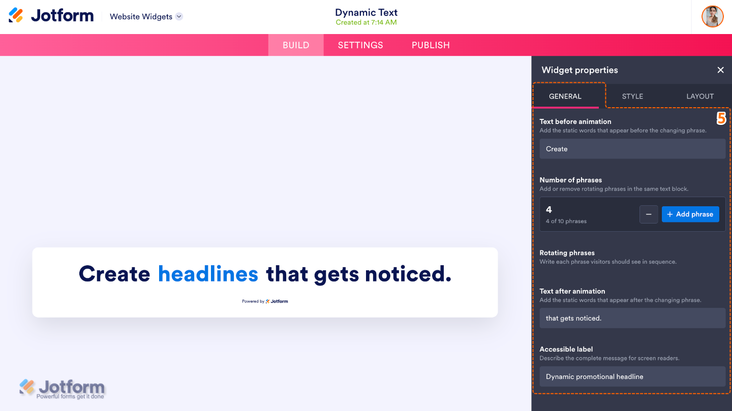 Configuring the Dynamic Text widget by adding text before and after the animation, setting rotating phrases, and defining an accessible label