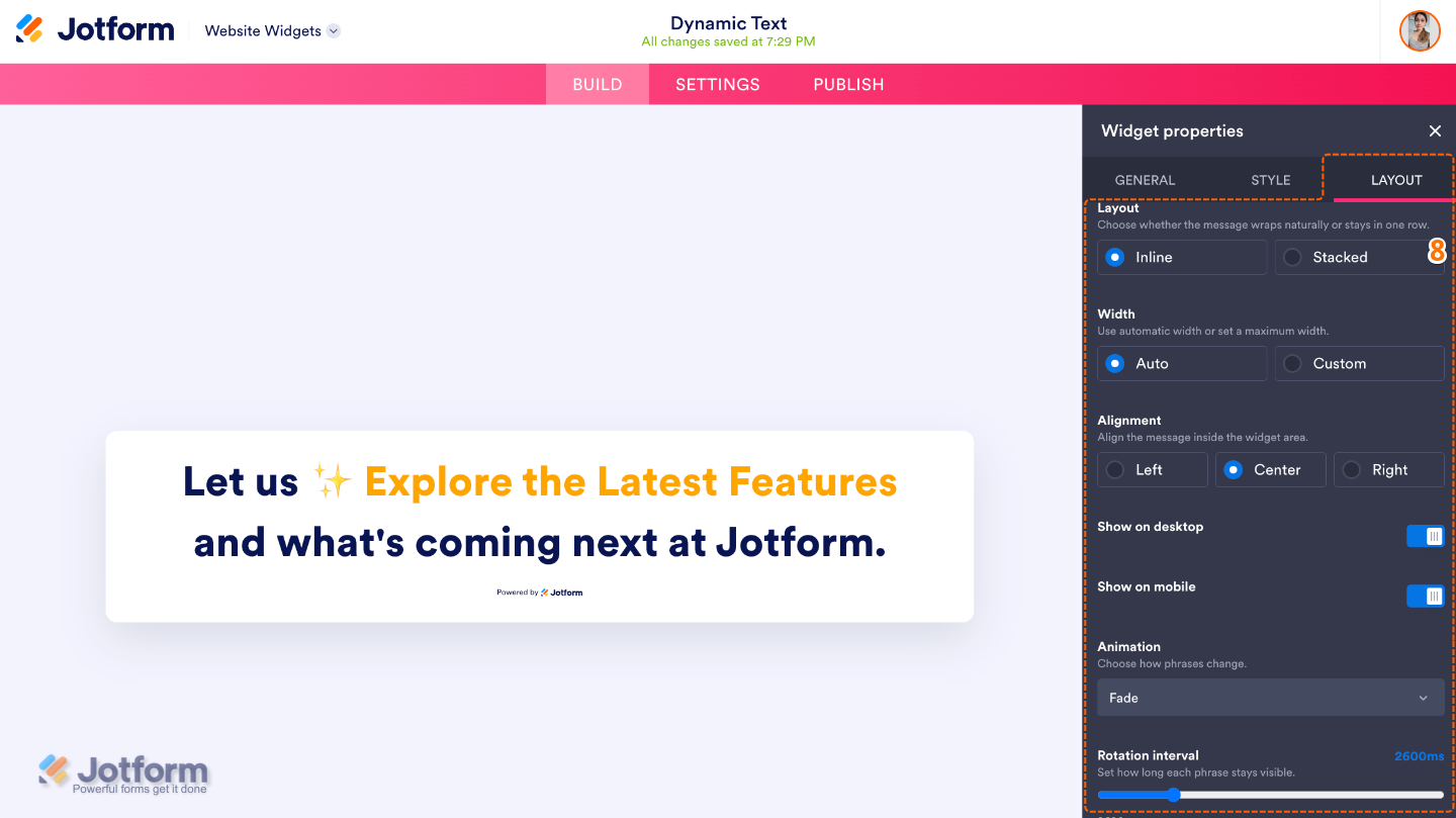 Configuring the Dynamic Text widget by adjusting the layout, width, text alignment, device visibility, animation effect, and phrase rotation interval