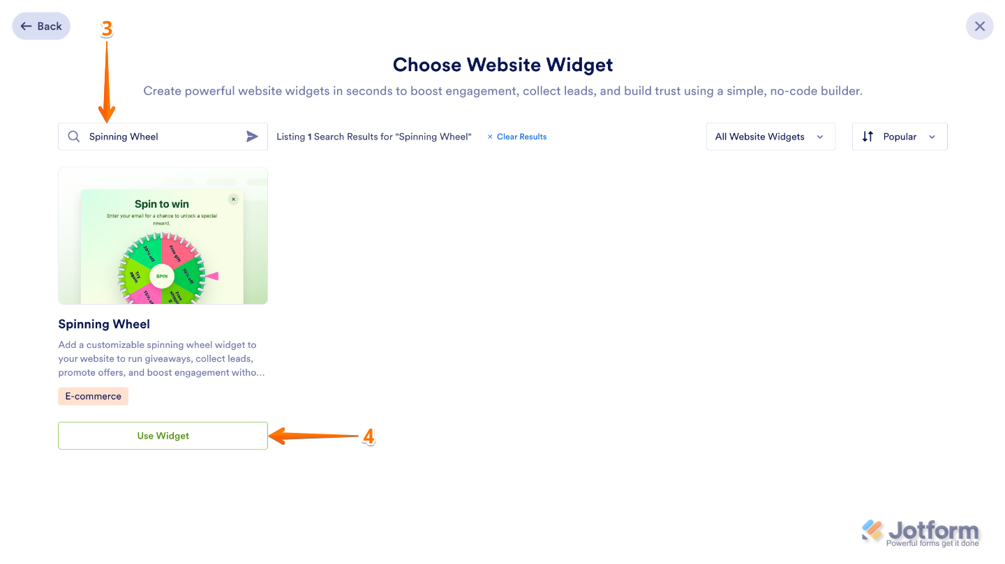 Searching for the Spinning Wheel widget on the Choose Website Widget page and selecting Use Widget