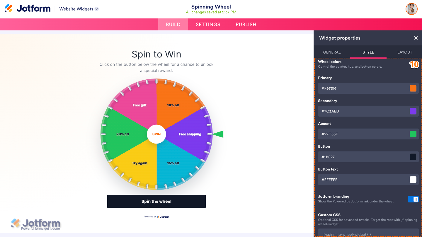 Customizing the Spinning Wheel widget by configuring primary, secondary, and accent colors, spin button colors, branding, and custom CSS
