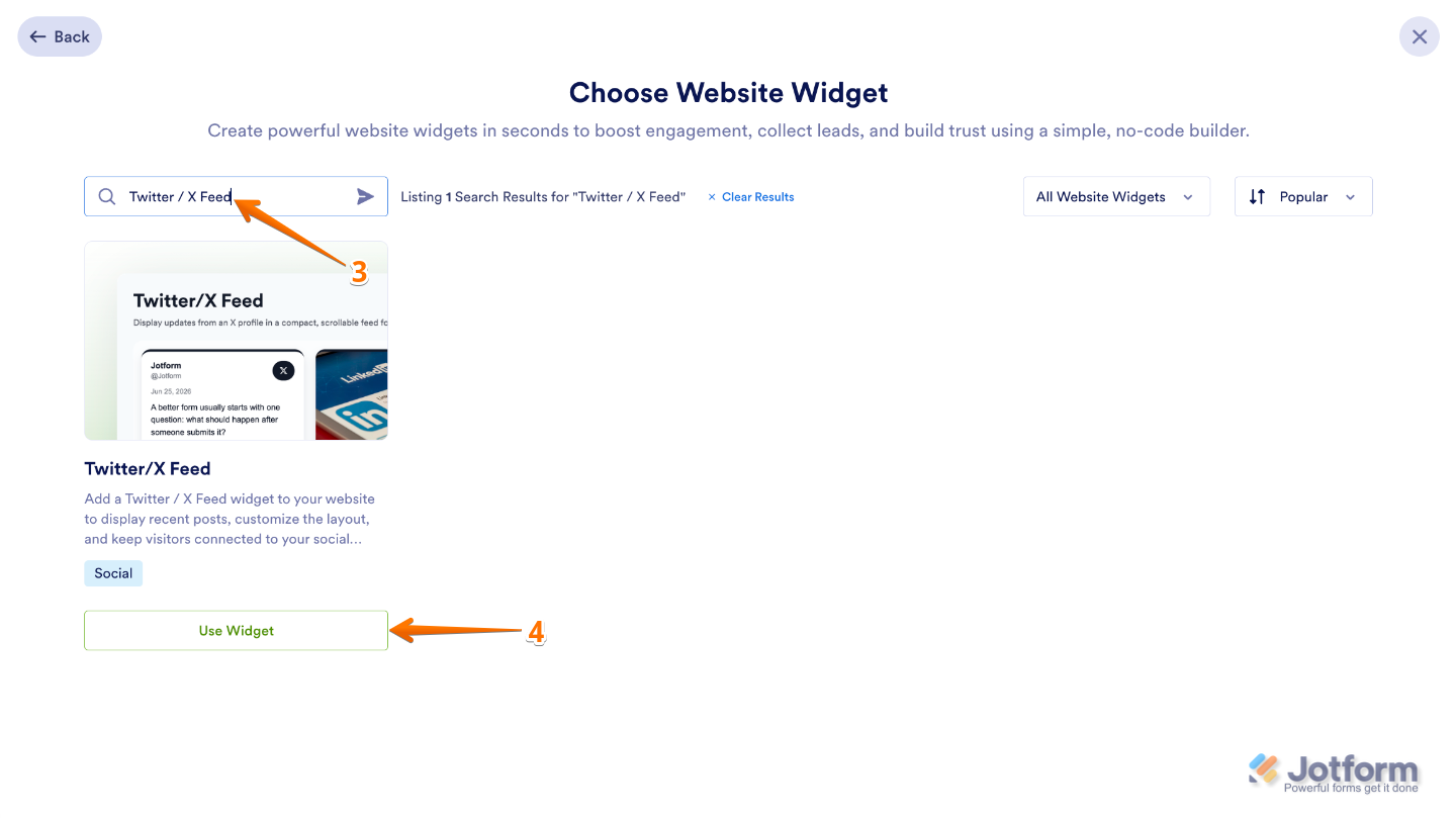 Choose Website Widget page showing the Twitter/X Feed widget searched in the search bar with the Use Widget button